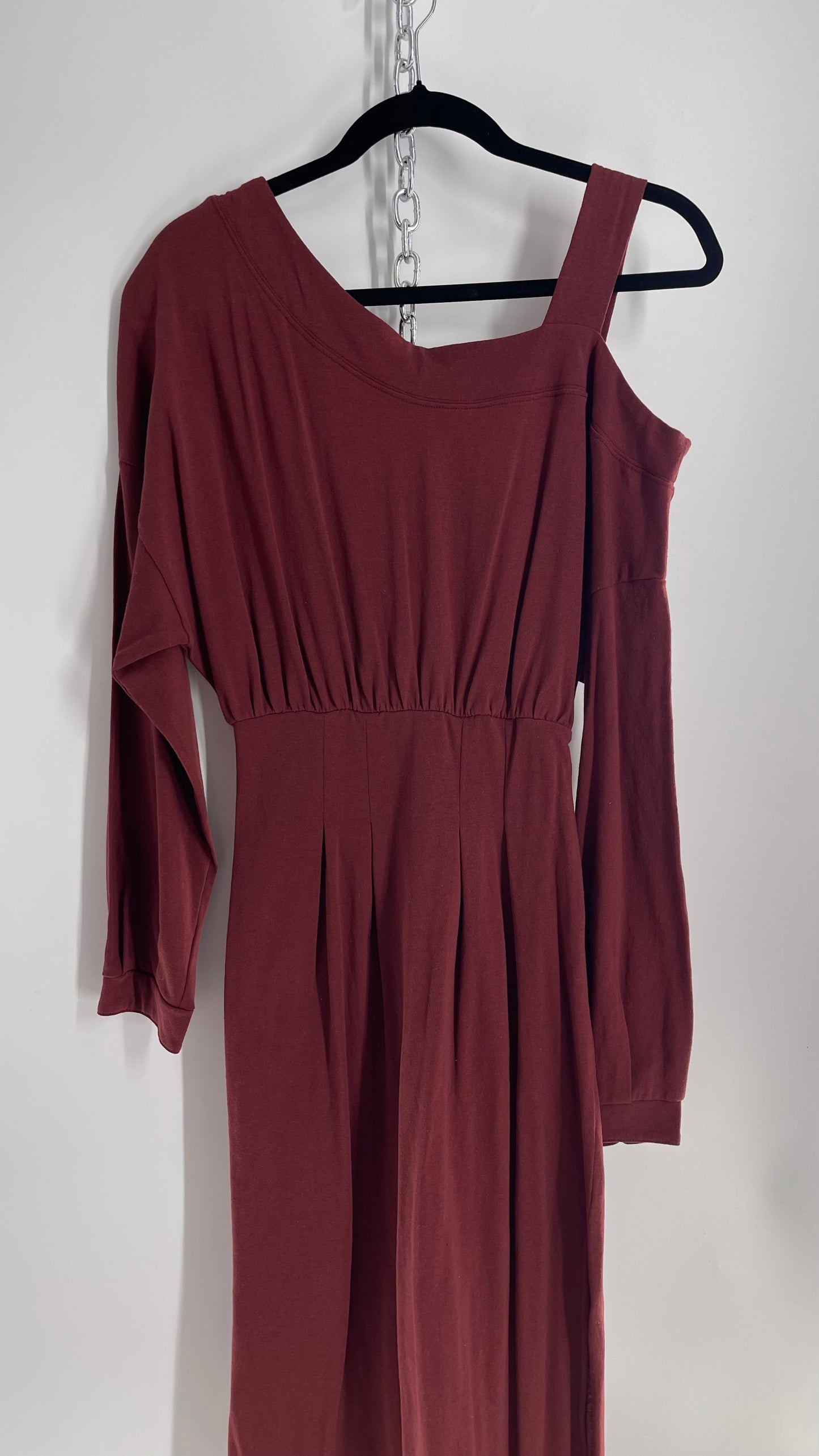 Free People Maroon Bubble Sleeve, Side Button, Off Shoulder Dress (Small)