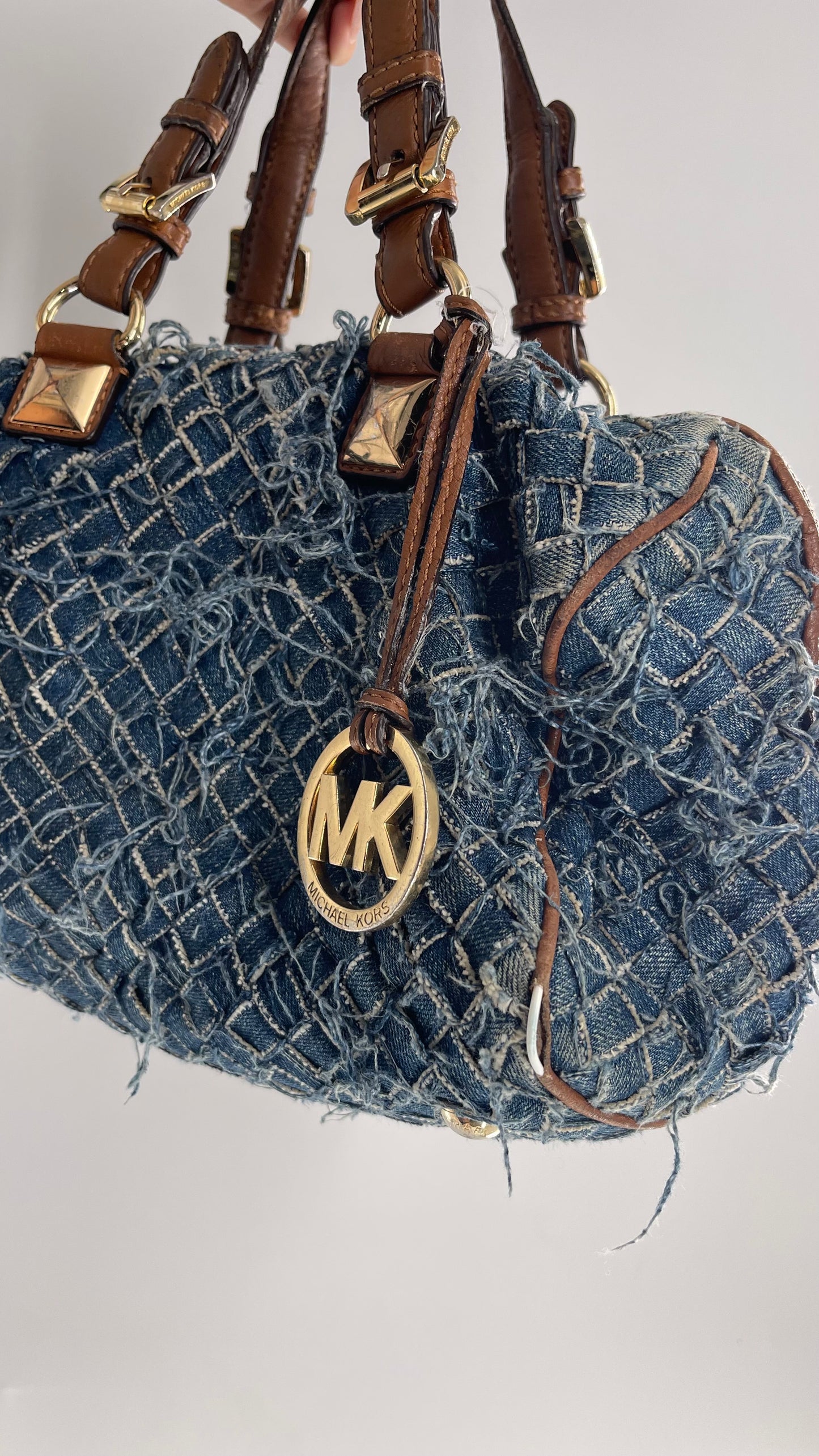 Vintage Michael Kors Woven Distressed Denim Bag with Leather Straps and Gold Hardware