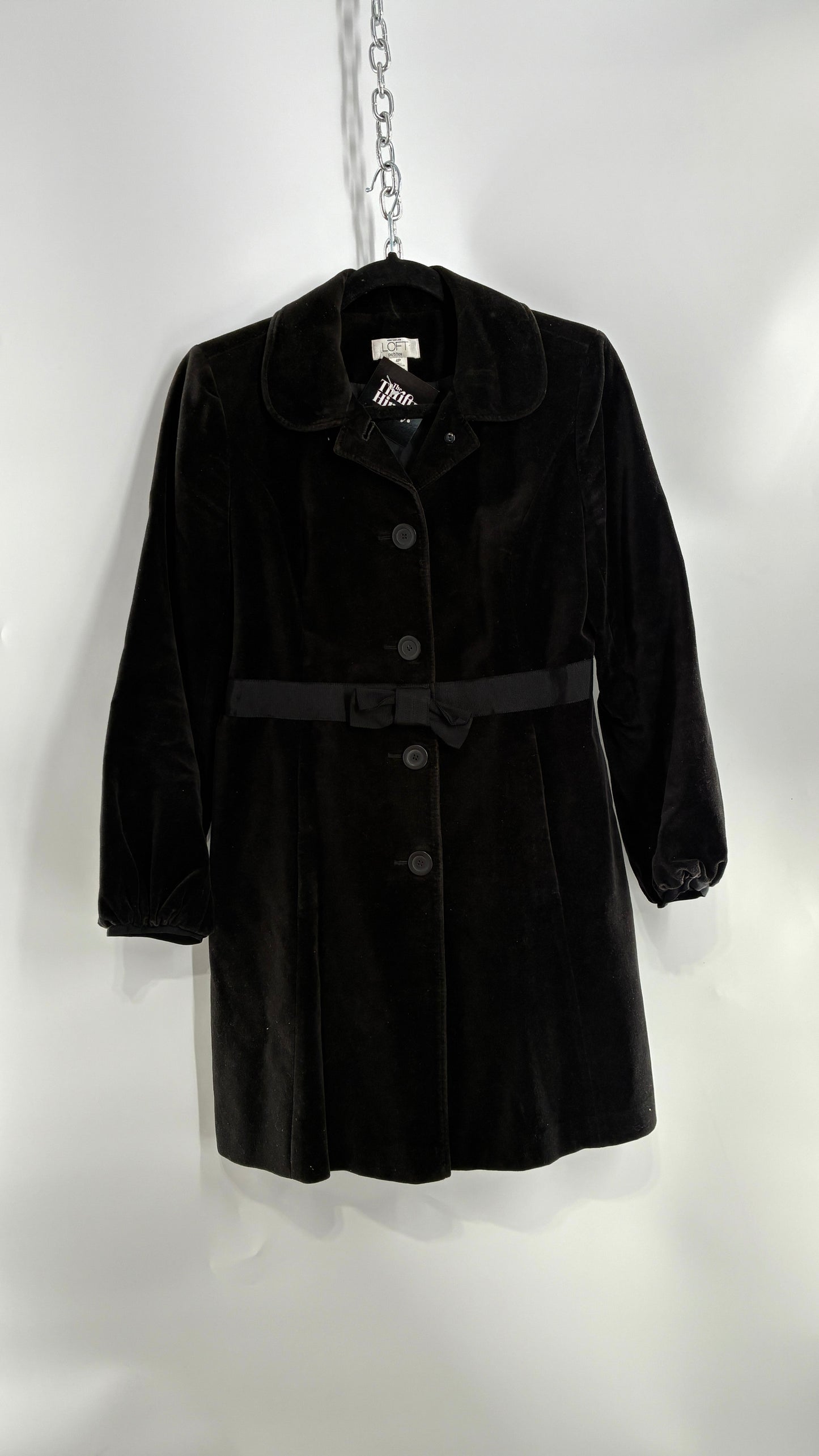 Vintage Ann Taylor Black Velour Bubble Sleeve Coat with Ribbon Bow Belt (4P)