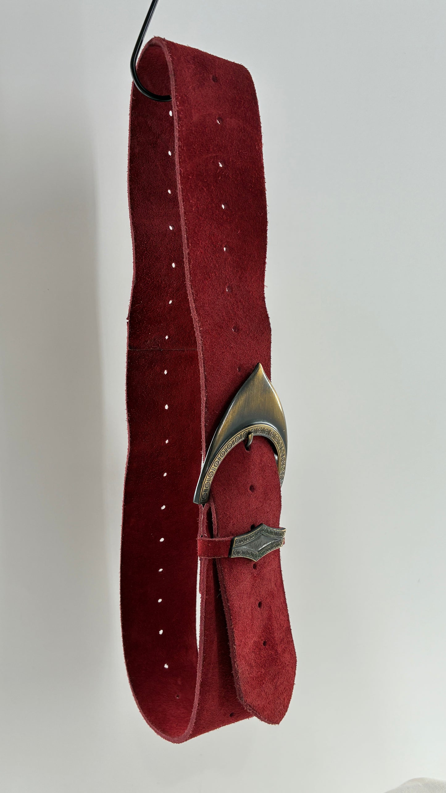 Genuine Suede Leather Maroon Red Belt w Oversized Engraved Buckle