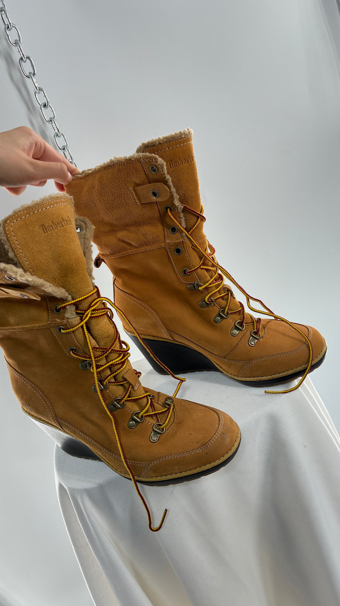 Vintage TIMBERLAND Wedge Boots Suede Leather Tie Up Heels (7.5)