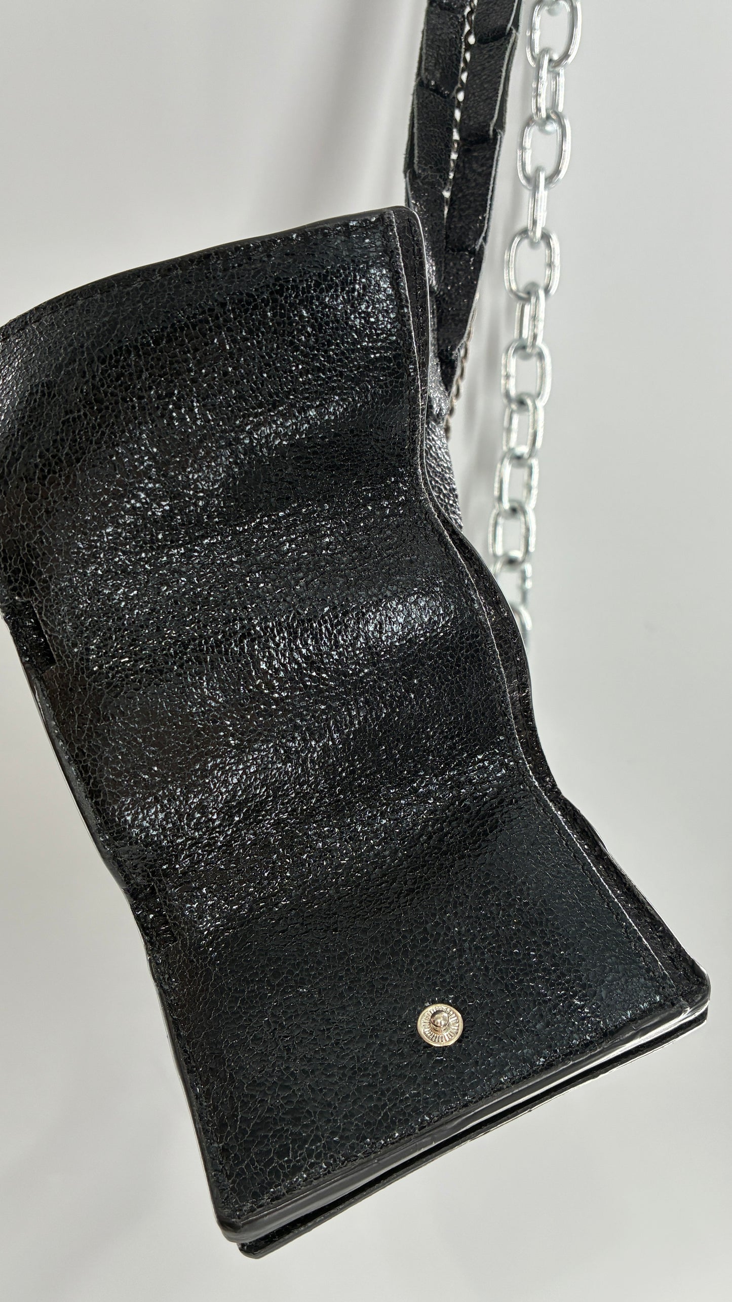 Free People Black Metallic Goat Leather Wallet with Leather and Chain Straps