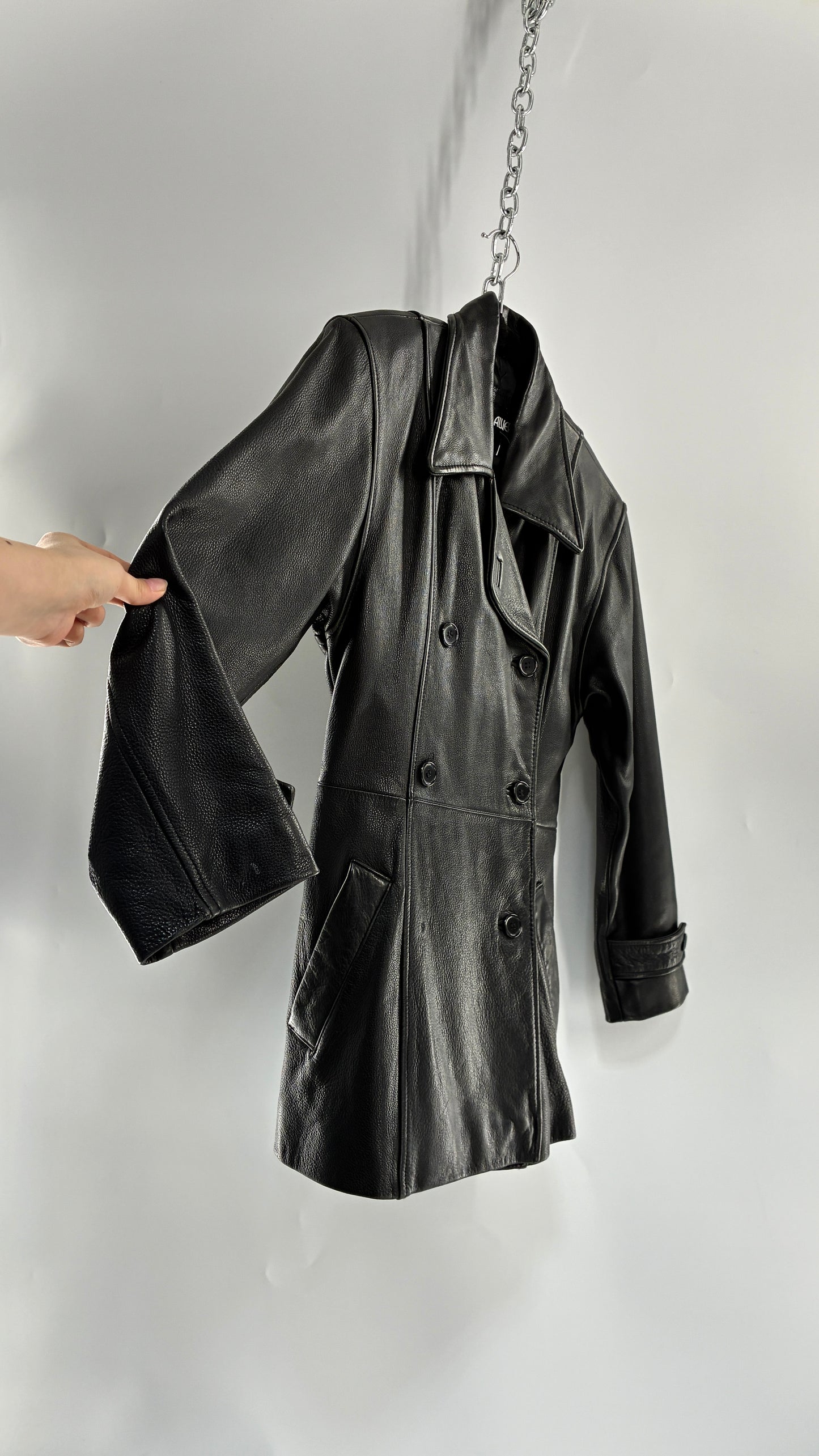 Vintage LUIS ALVEAR Thick Genuine Leather Black Trench Style Jacket (XS)