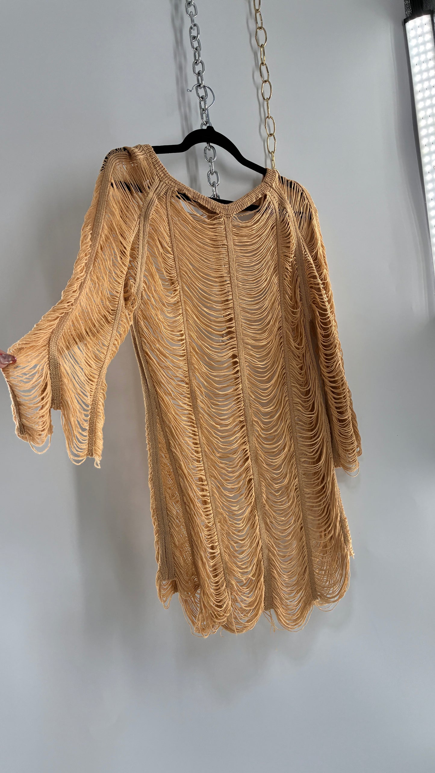 Vintage Tan Open Shred Knit Top/Mini Dress (XS/S)