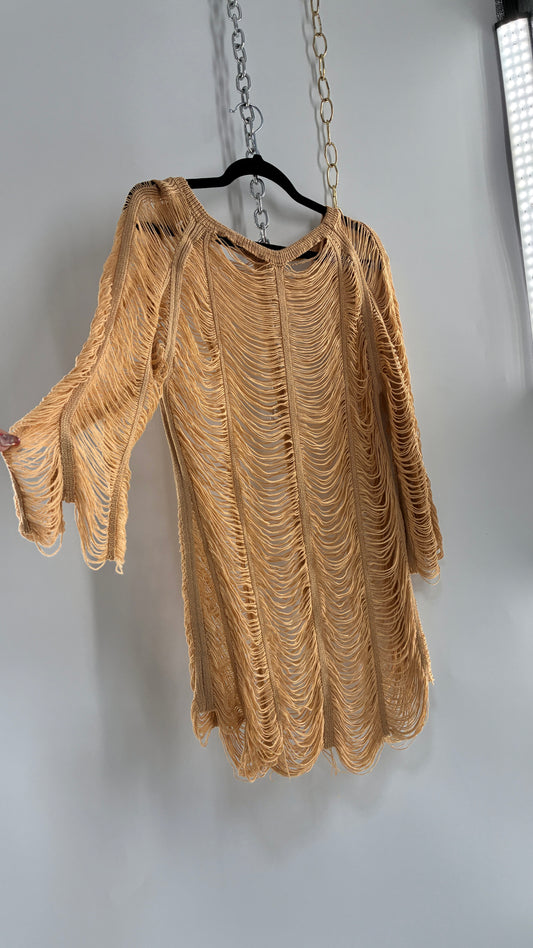 Vintage Tan Open Shred Knit Top/Mini Dress (XS/S)