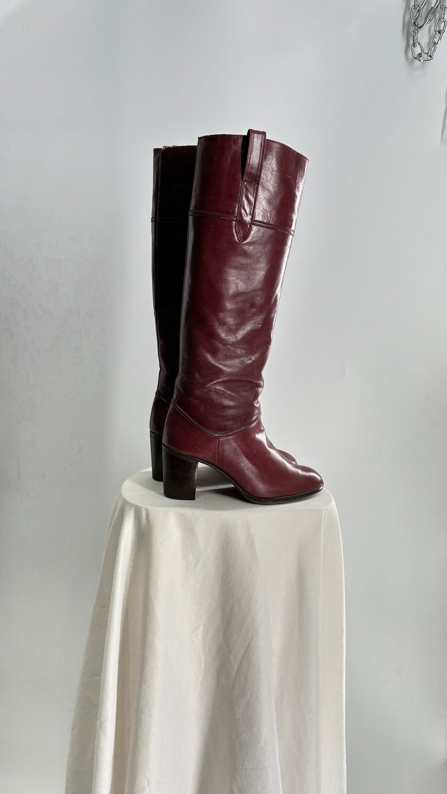 Vintage Red Leather Round Toe Knee High Boots Made in Spain Boots (38)
