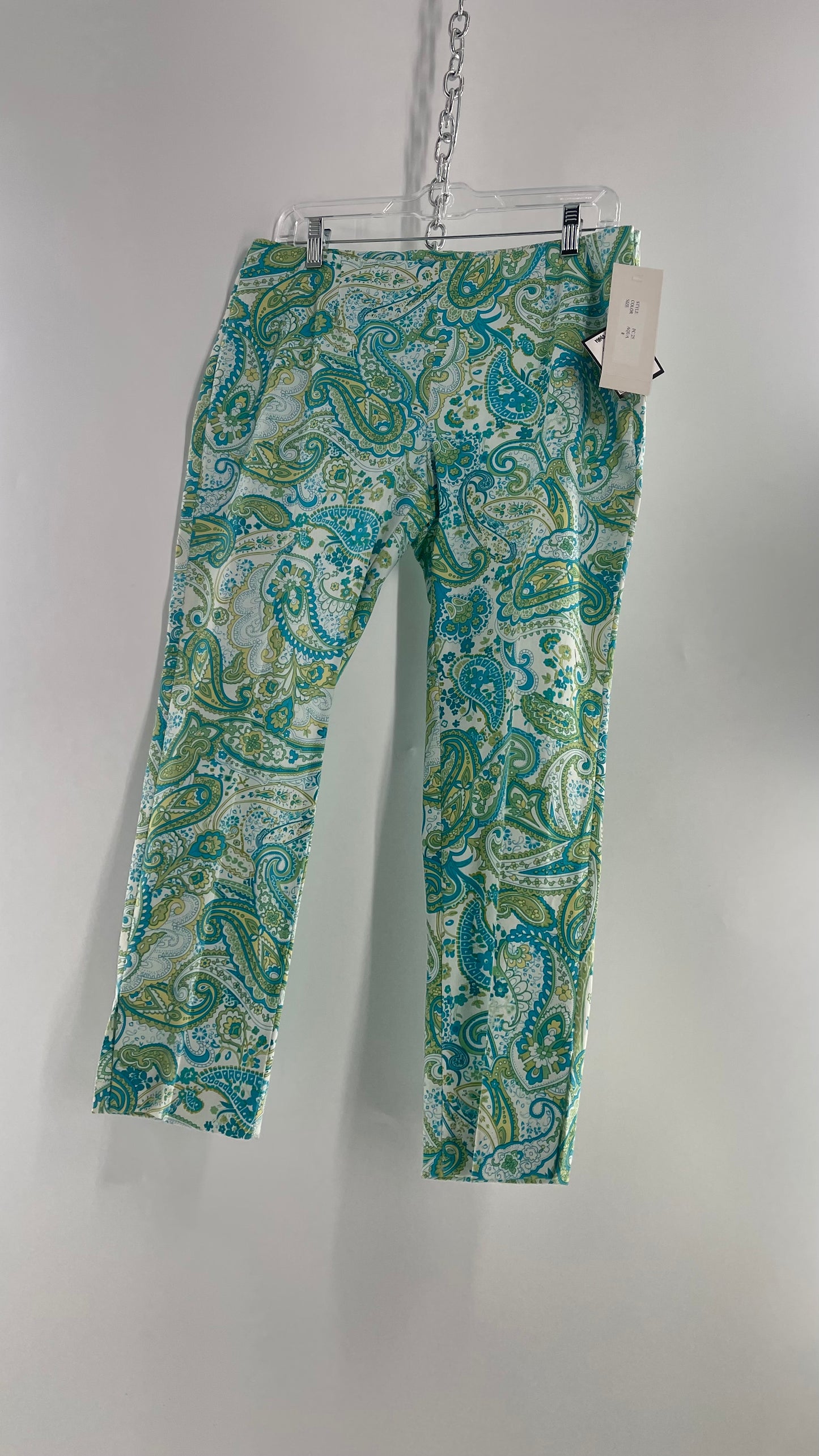 VINTAGE WOMYN Blue Green Paisley Patterned 1990s Capris with Tags Attached (8)