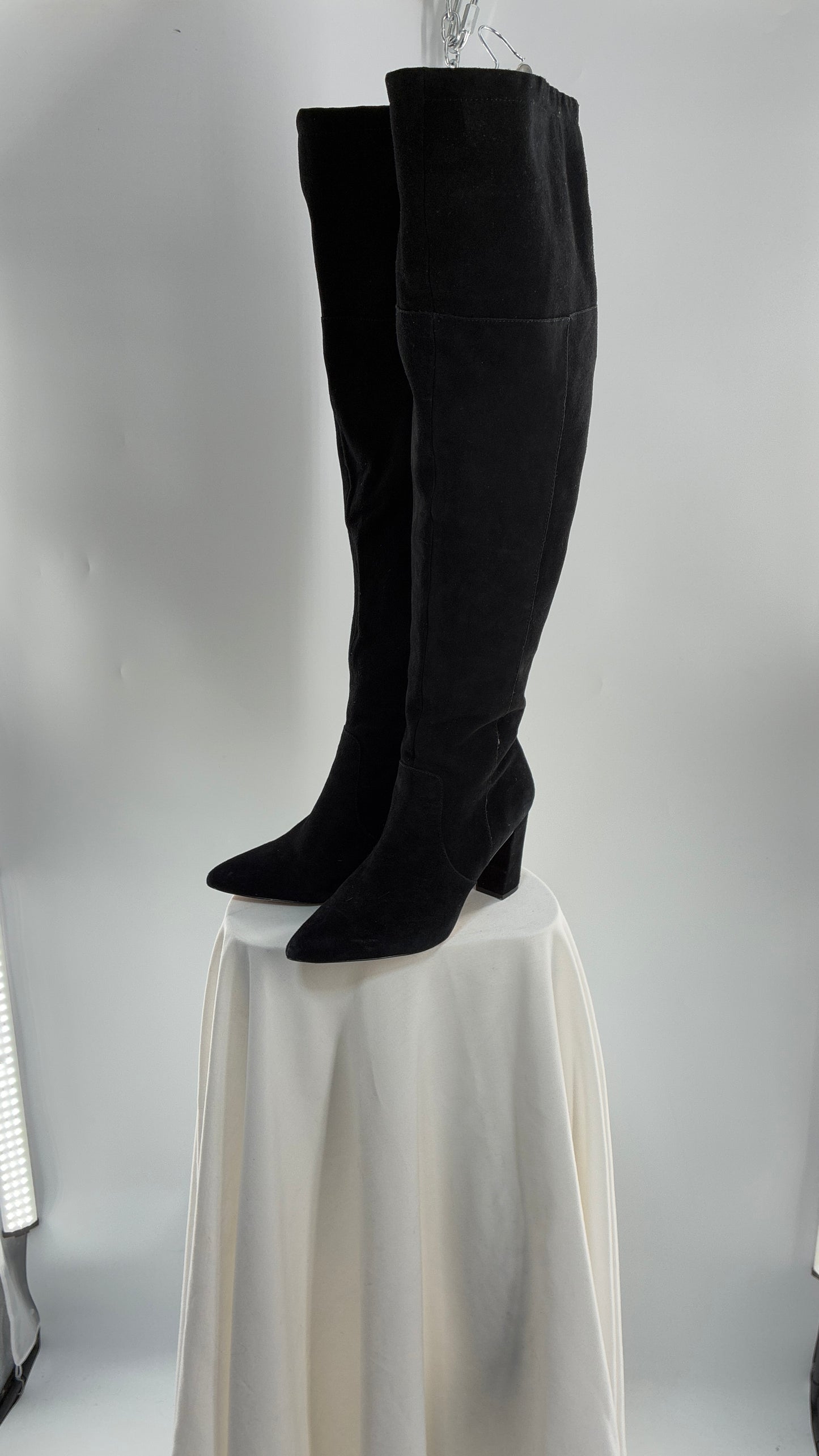 Vintage Black Genuine Suede ADRIENNE VITADINI Thigh High Pointed Toe Boots with Stud Detailing (10)