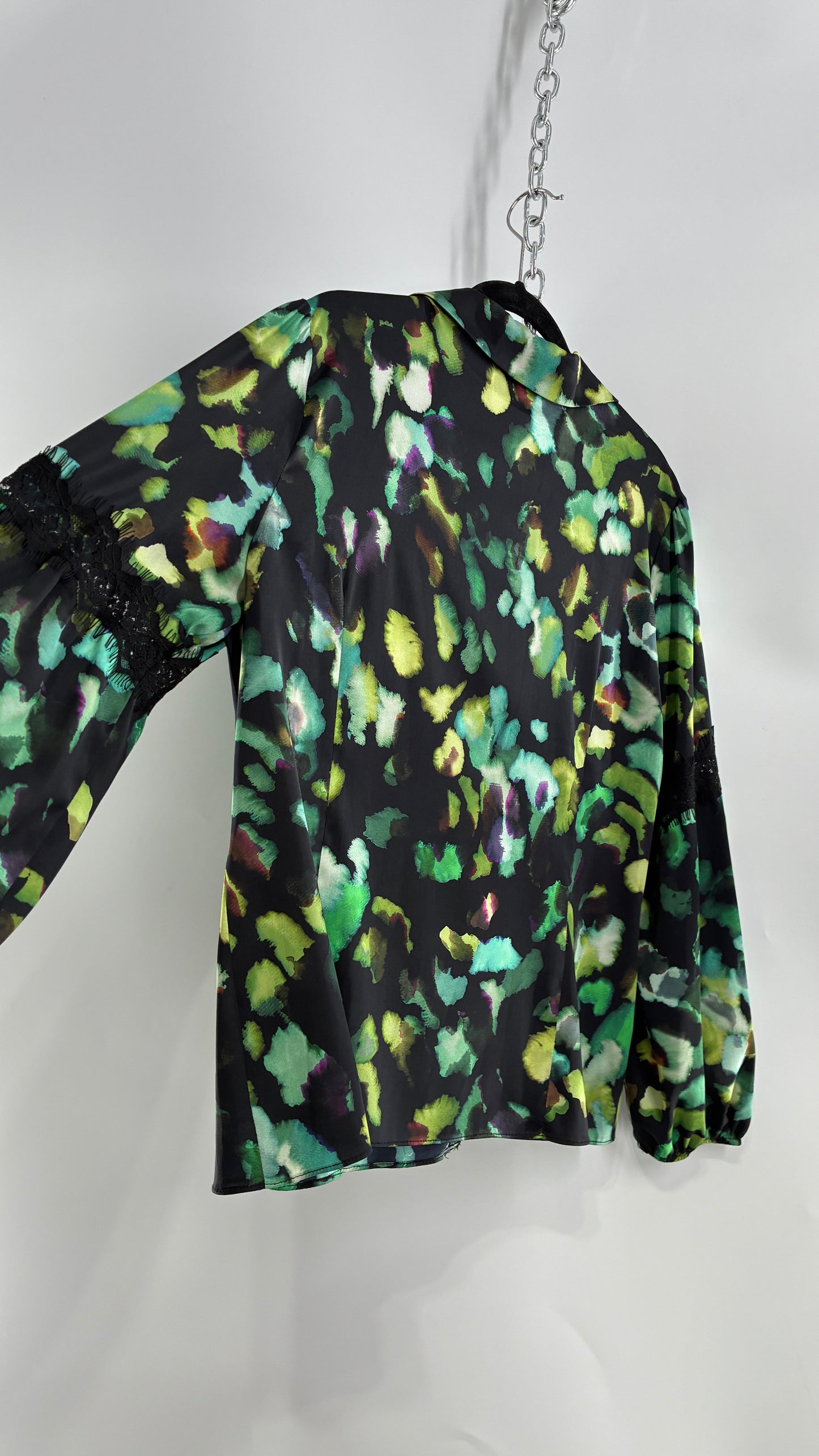 JOSEPH RIBKOFF Green Graphic Balloon Sleeve Blouse with Tags Attached (14)