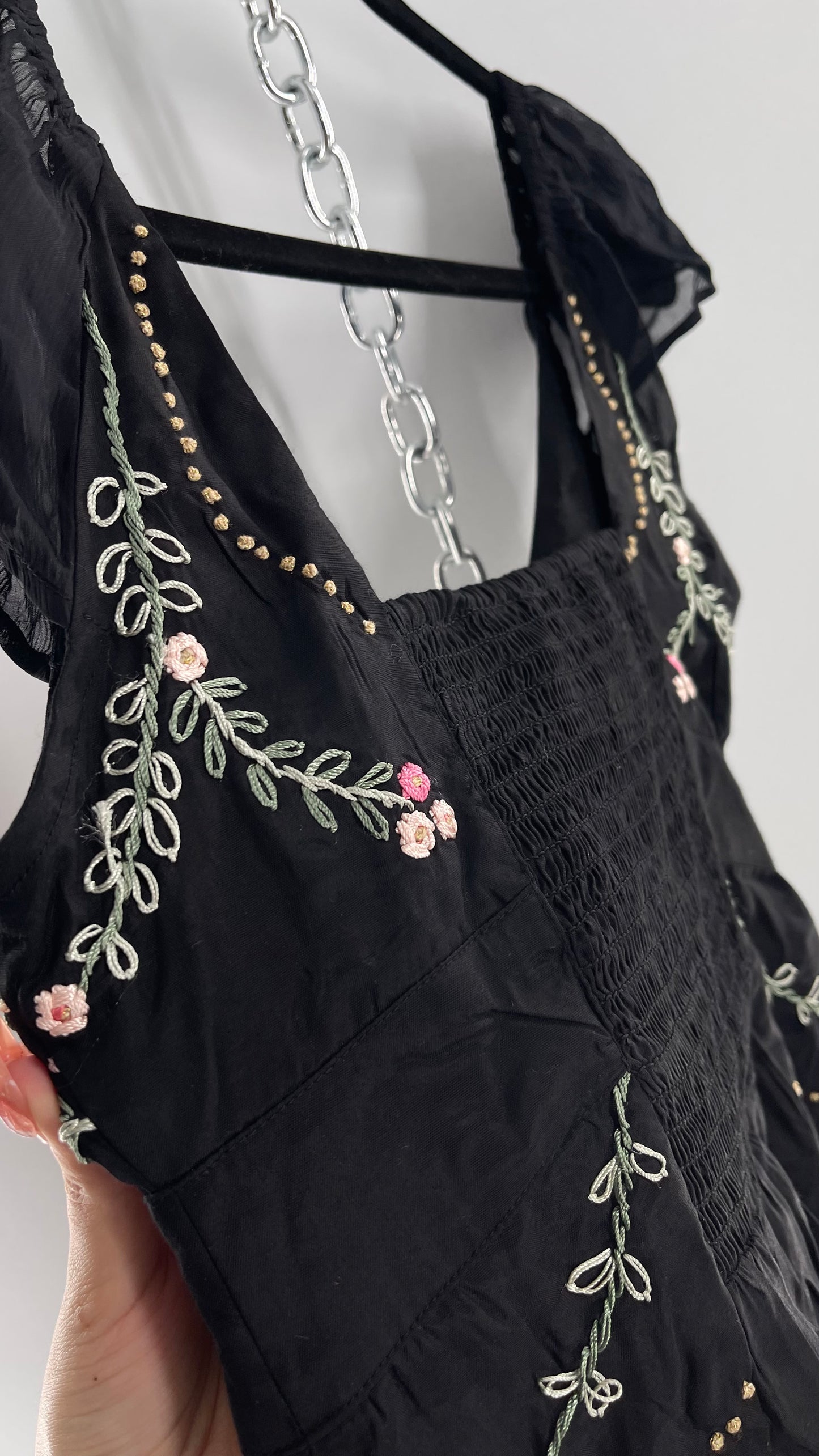 Free People Black Embroidered Tunic Blouse (XS)