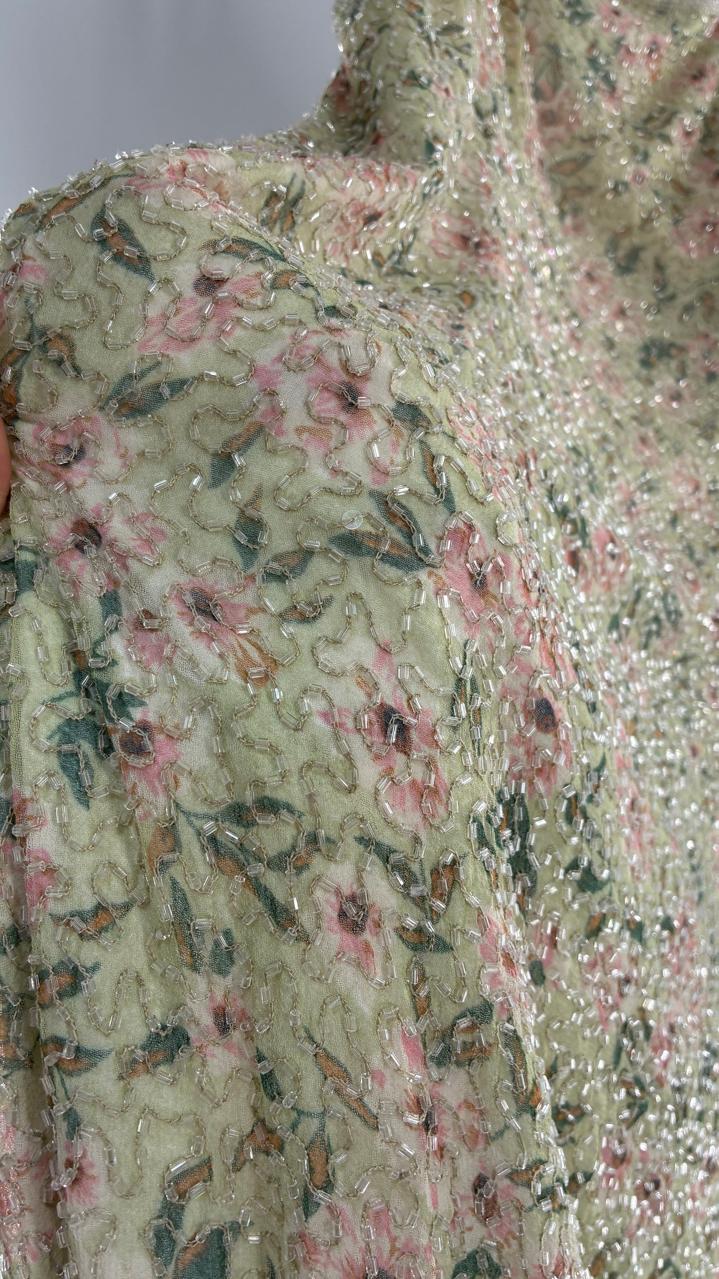 Deadstock Vintage Sage Green Beaded Floral Gown with Open Back, Built in Bust Padding, and Tags Attached (XL)