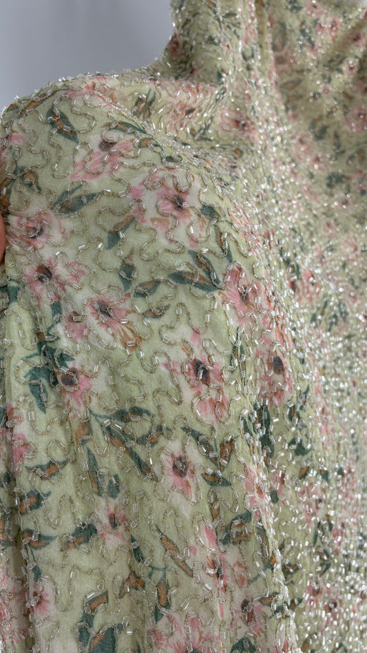 Deadstock Vintage Sage Green Beaded Floral Gown with Open Back, Built in Bust Padding, and Tags Attached (XL)