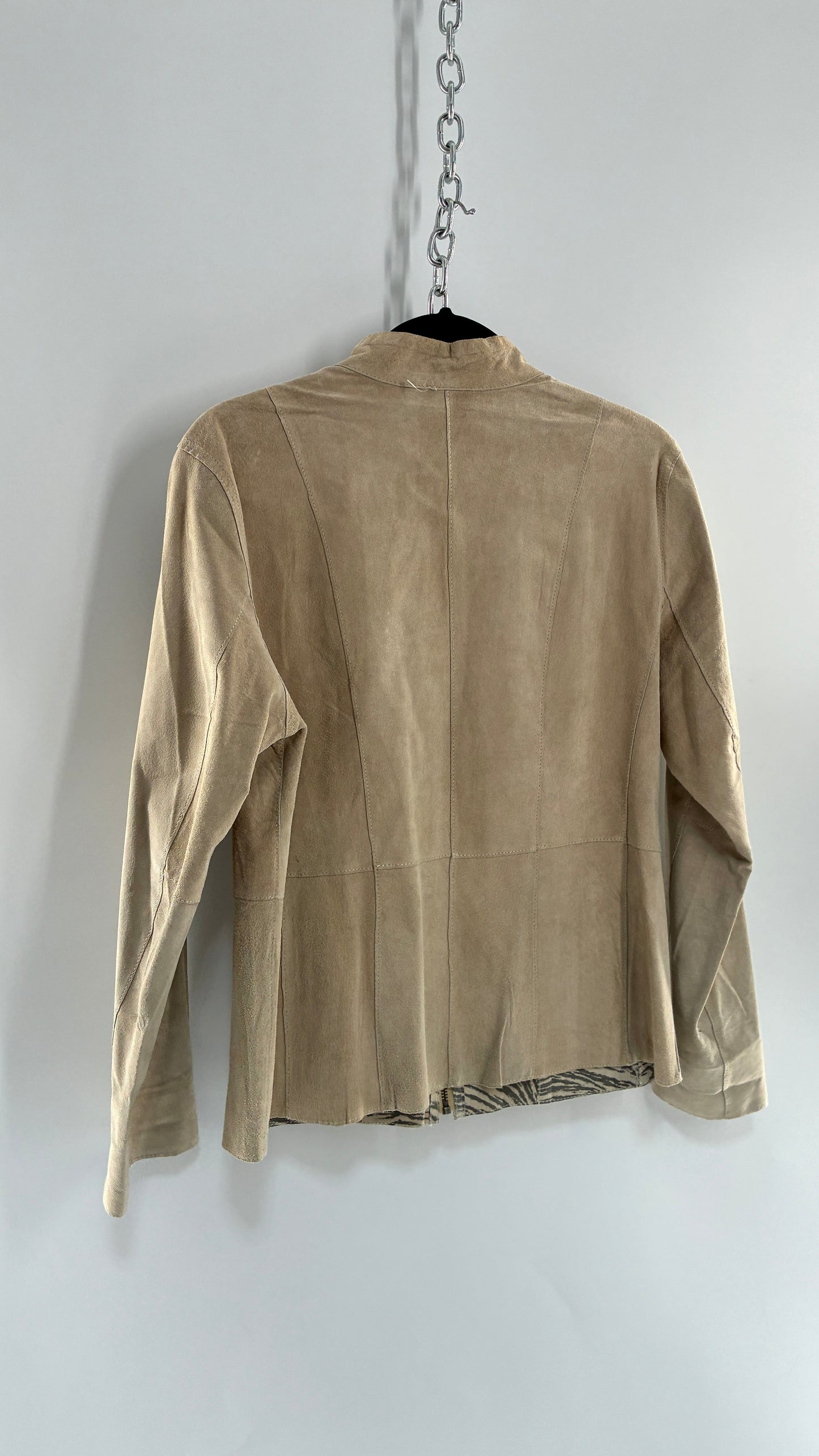 Vintage Reversible Thin Genuine Suede Leather Zip Up Jacket Beige/Zebra (Medium)