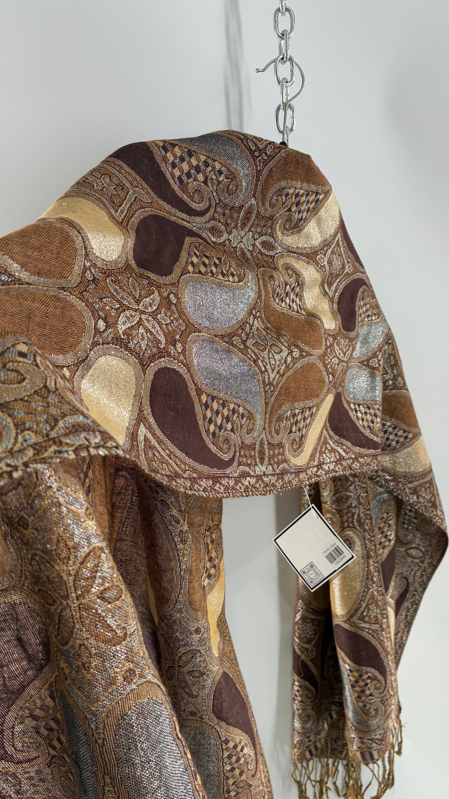 Vintage Paisley Metallic Knit Bronze and Silver Scarf