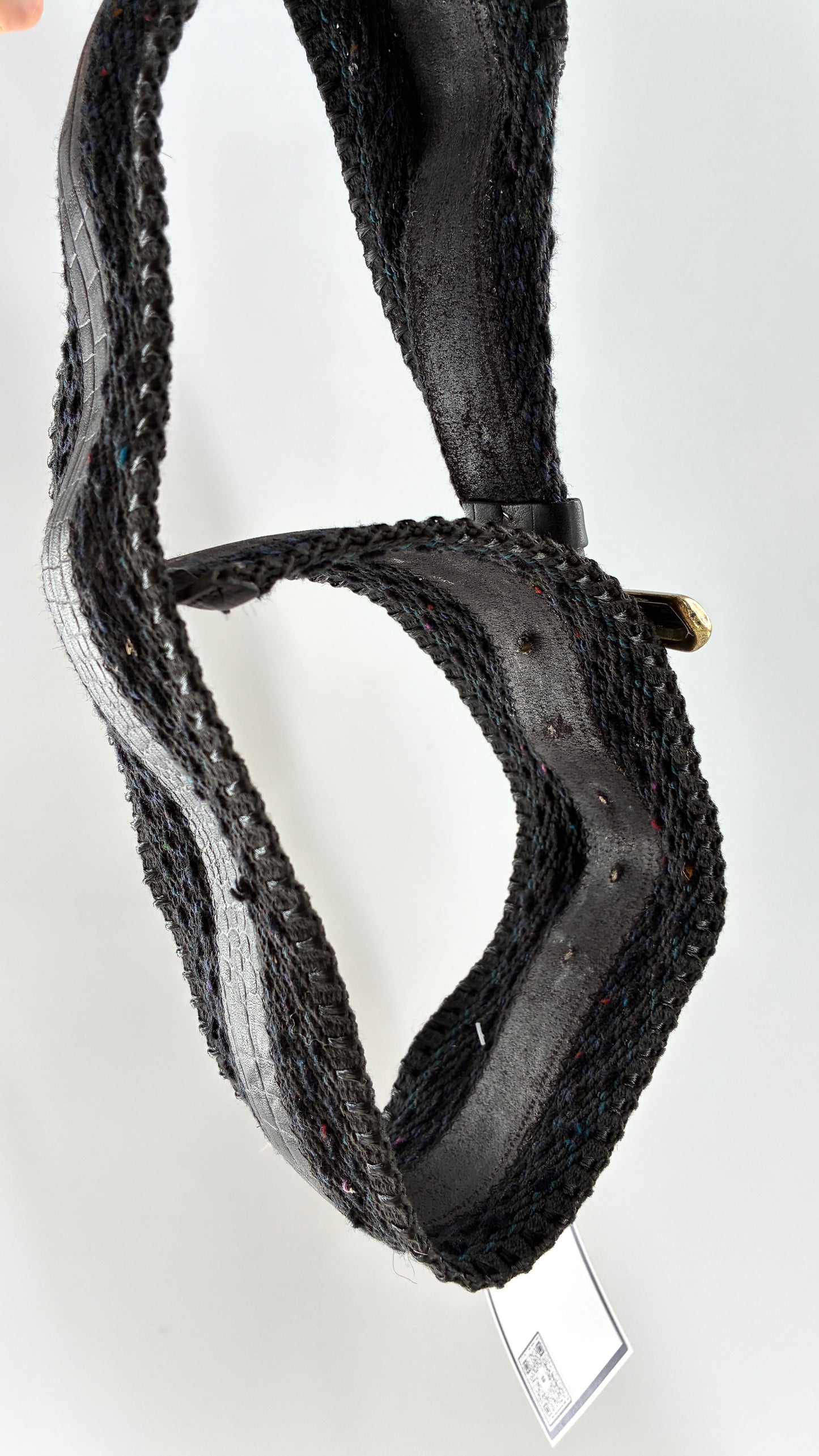 Vintage Leather Shop Belt with Bronze Buckle and Knit Details (Small)