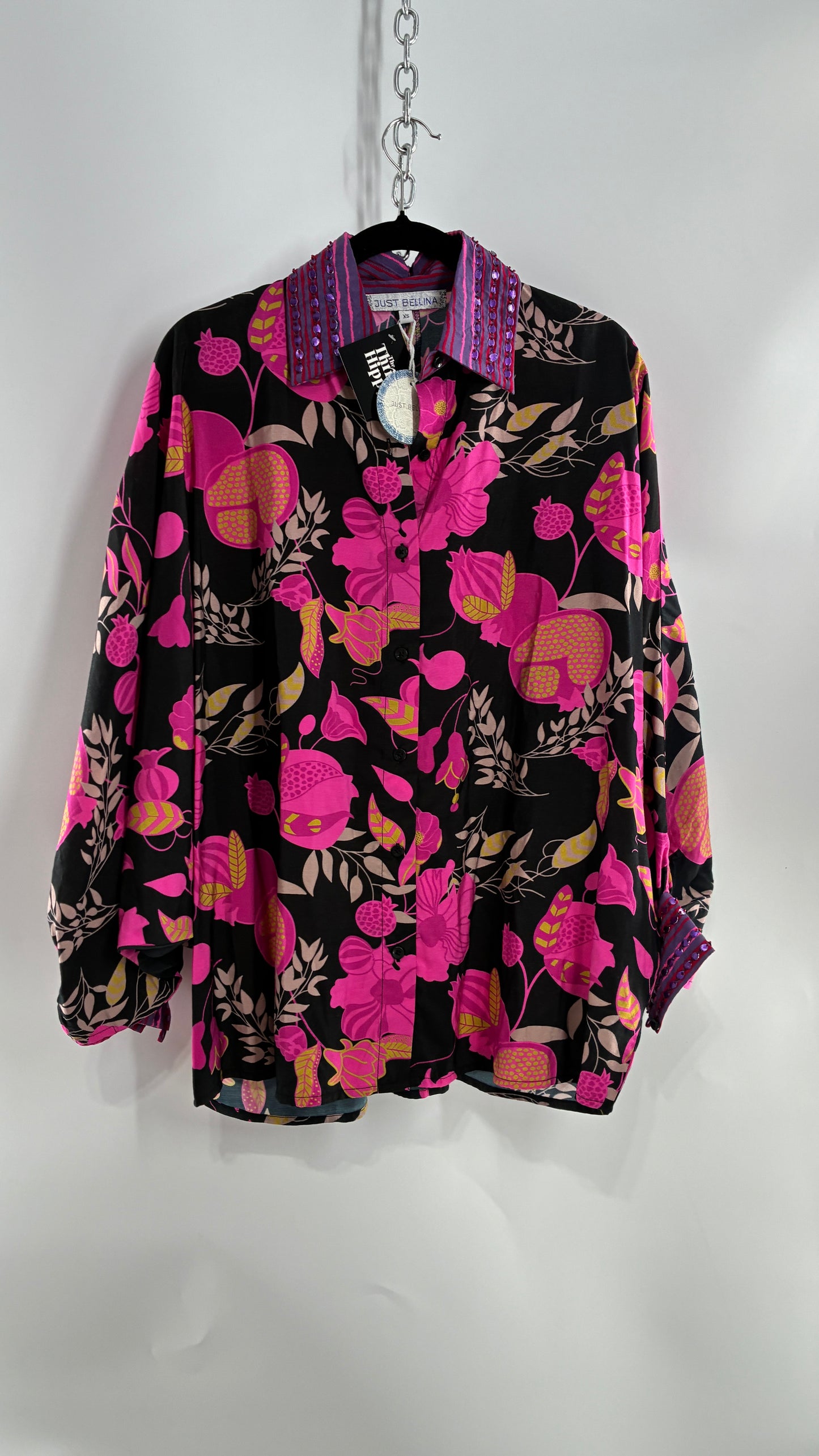 JUST BELLINA Black Oversized Blouse with Exaggerated Sleeves, Embroidered Collar and Tags Attached (XS)