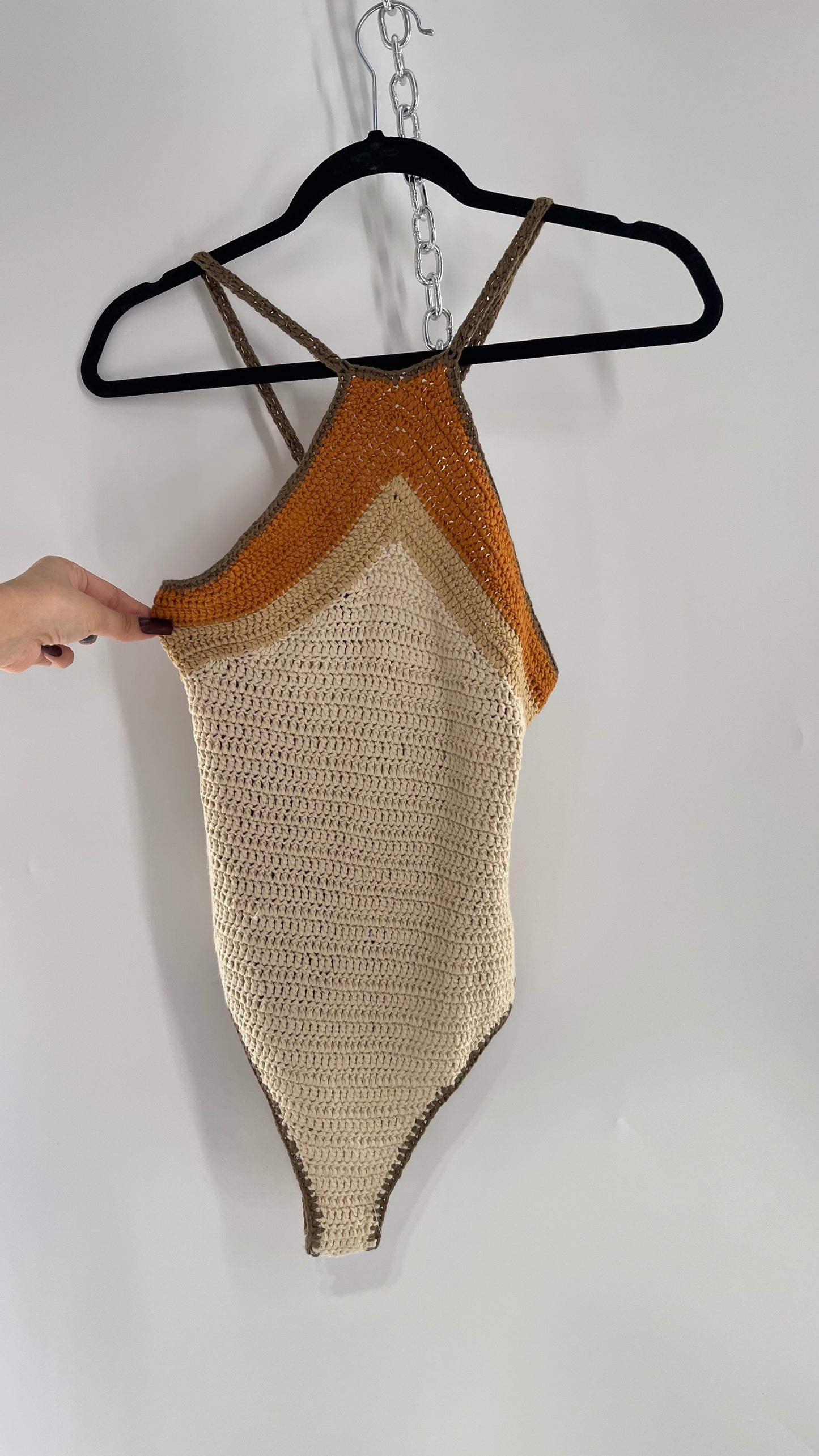 Intimately Free People Brown, Beige, Orange Crochet Knit Bodysuit (XS)