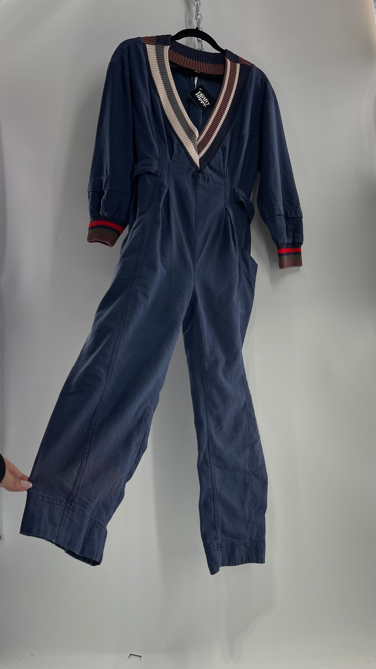 Free People Navy Blue Jumpsuit with Knit Neckline and Wrists (XS)