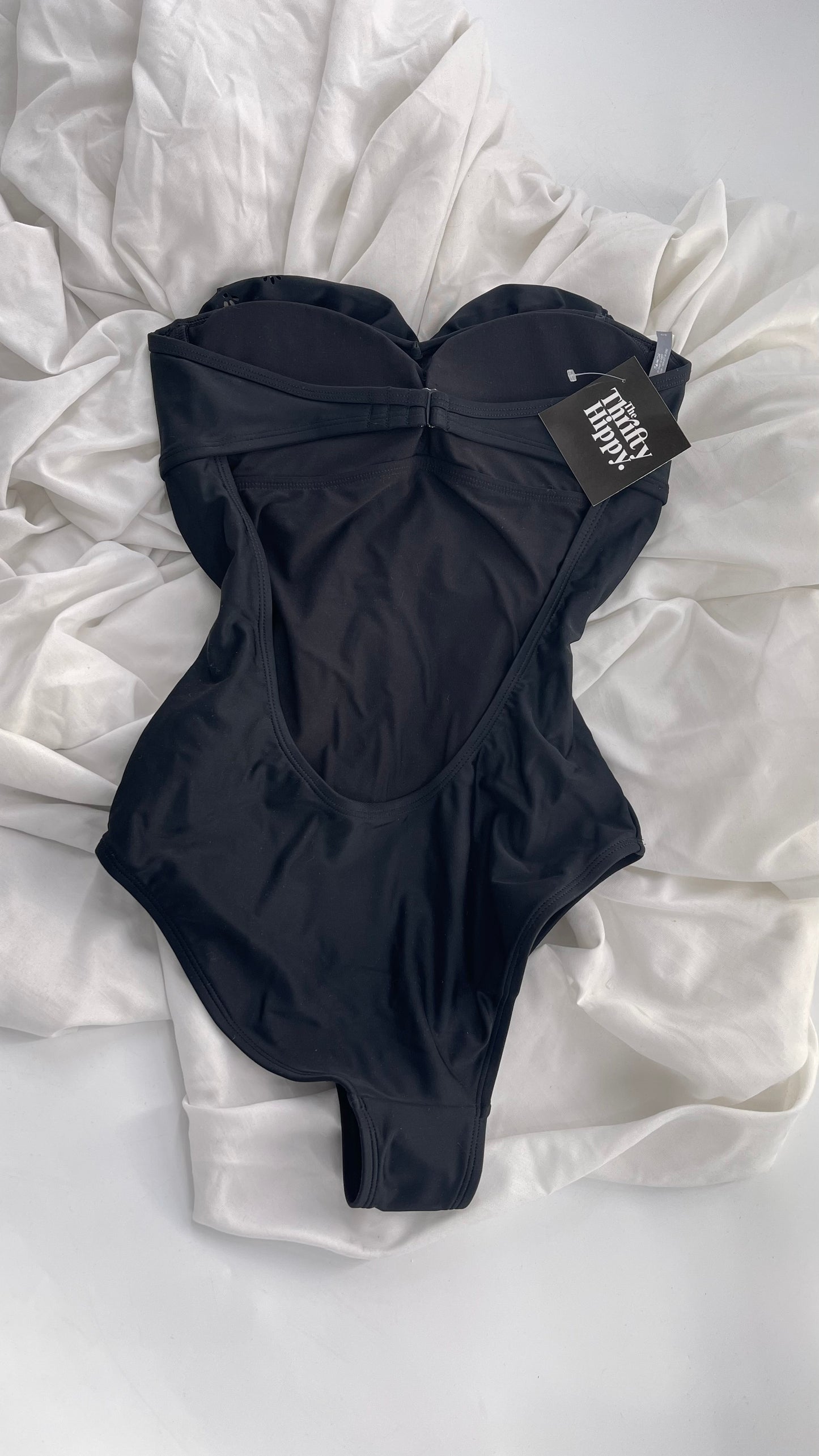 AERIE Black Swimsuit with Ruffled Sweetheart Neckline and Open Back (Small)
