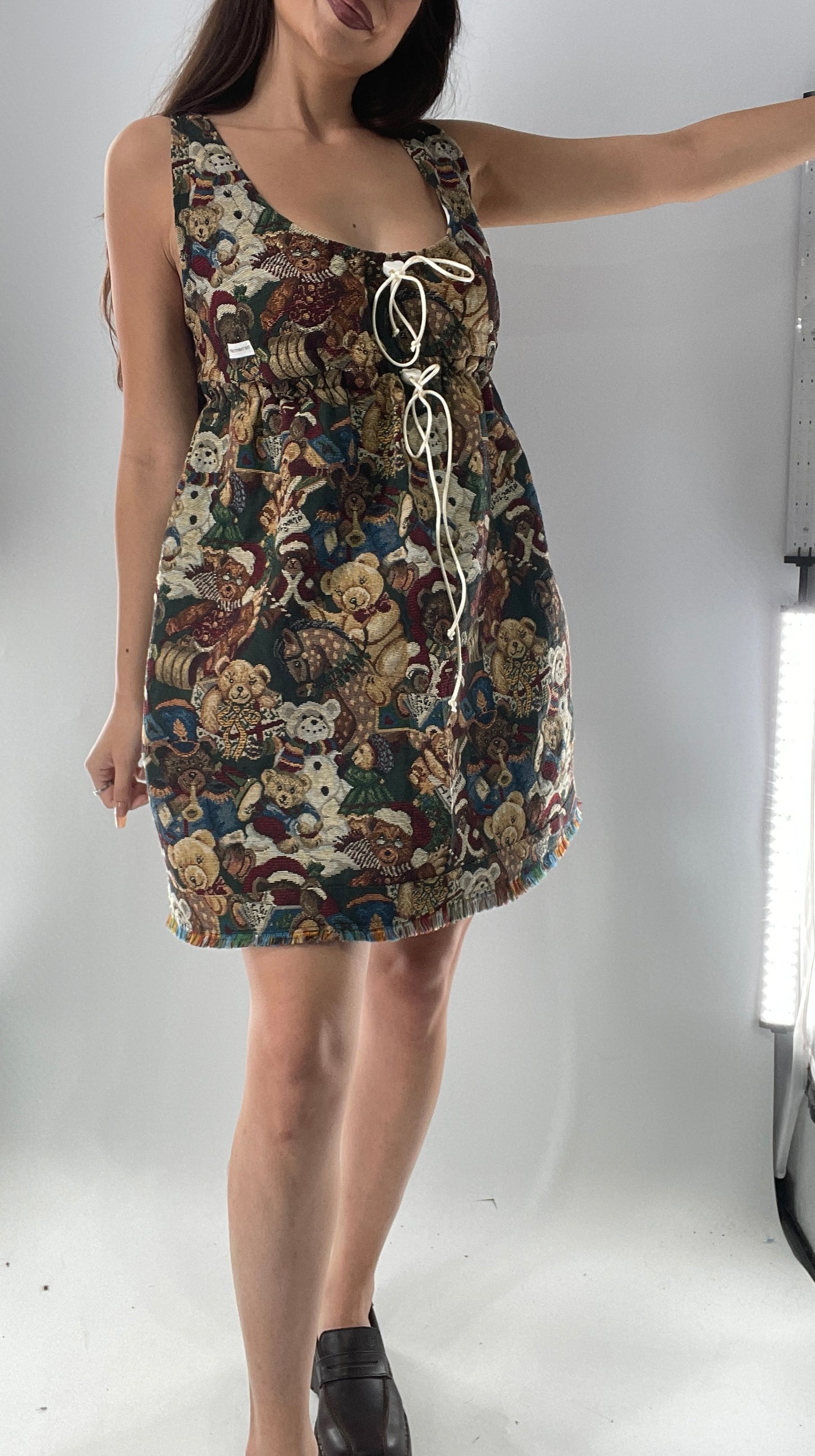 Christmas Custom Teddy Bear Tapestry Babydoll Dress with Bow Back Detail and Adjustable Neckline/Underbust (XS-L)