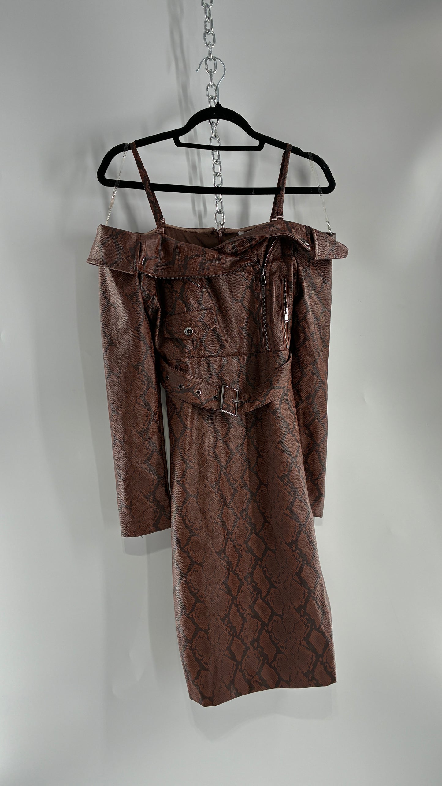 L’ATISTE Snakeskin Vegan Leather Moto Off the Shoulder, Knee High Dress (Medium)