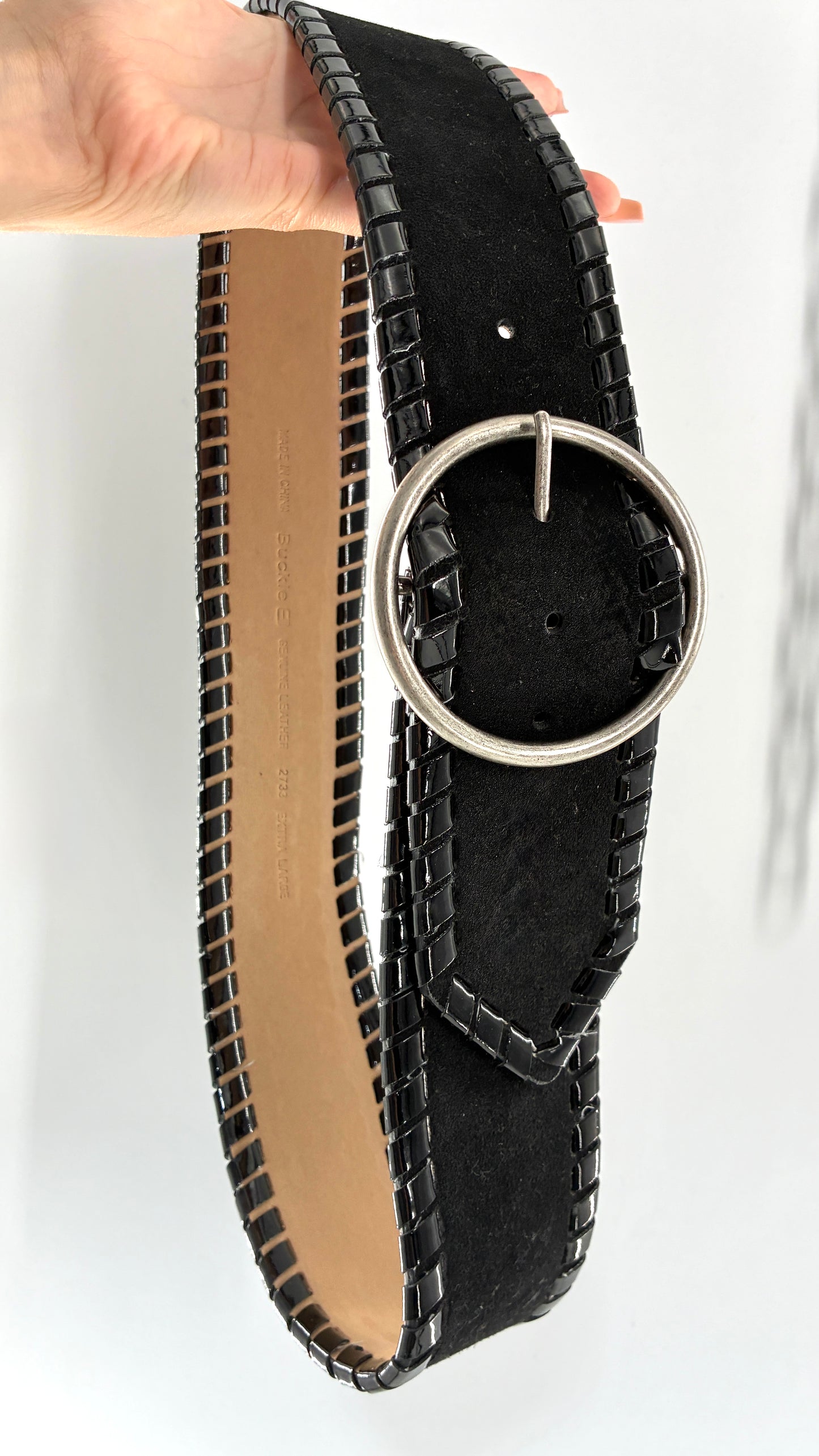 Vintage BUCKLE Black Genuine Suede Leather Wide Hip Belt with Oversized Silver Circle Buckle (XL)