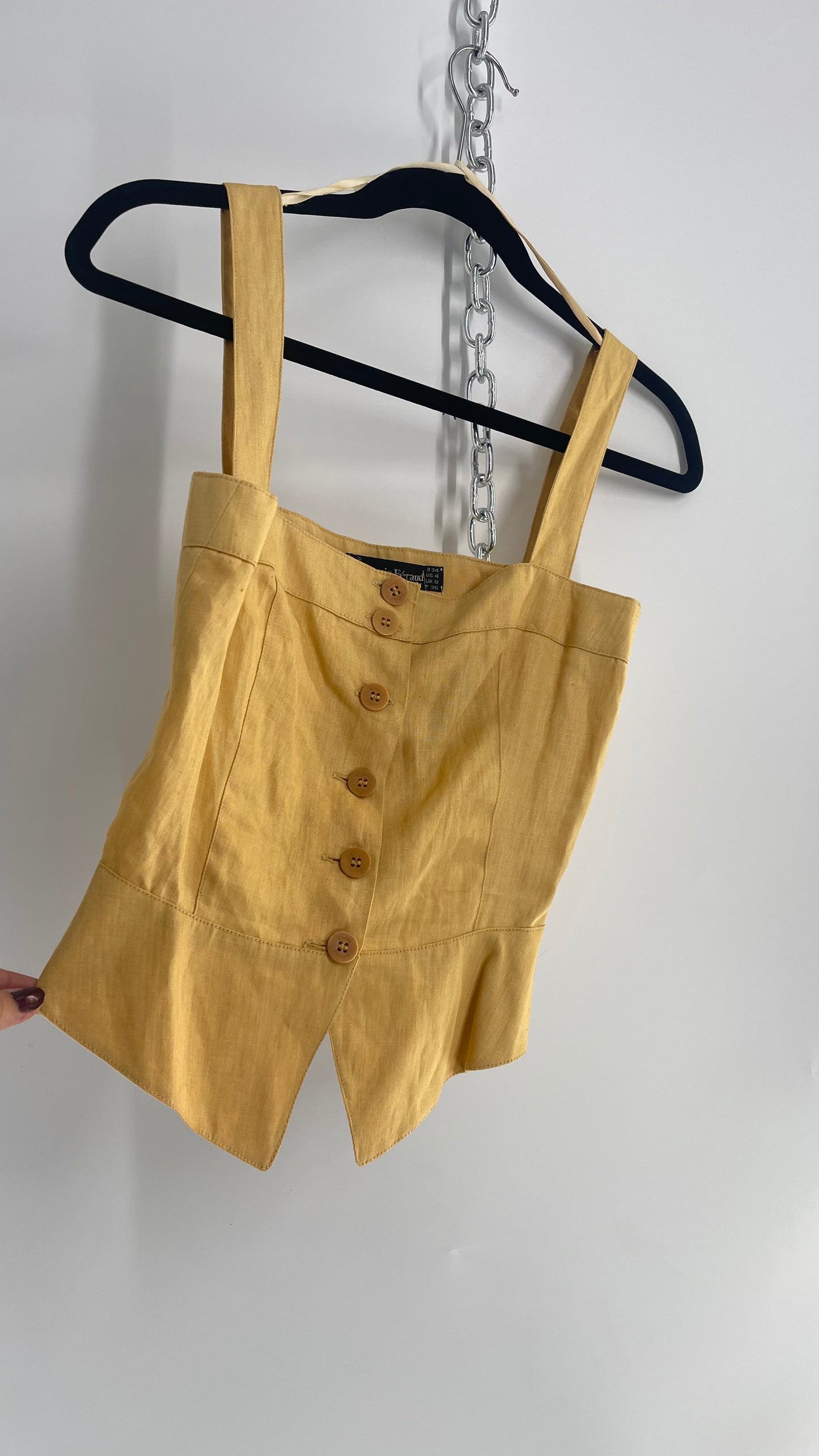 Vintage Louis Feraud 100% Linen Yellow Button Front Sleeveless Blouse and Embossed Buttons(4)