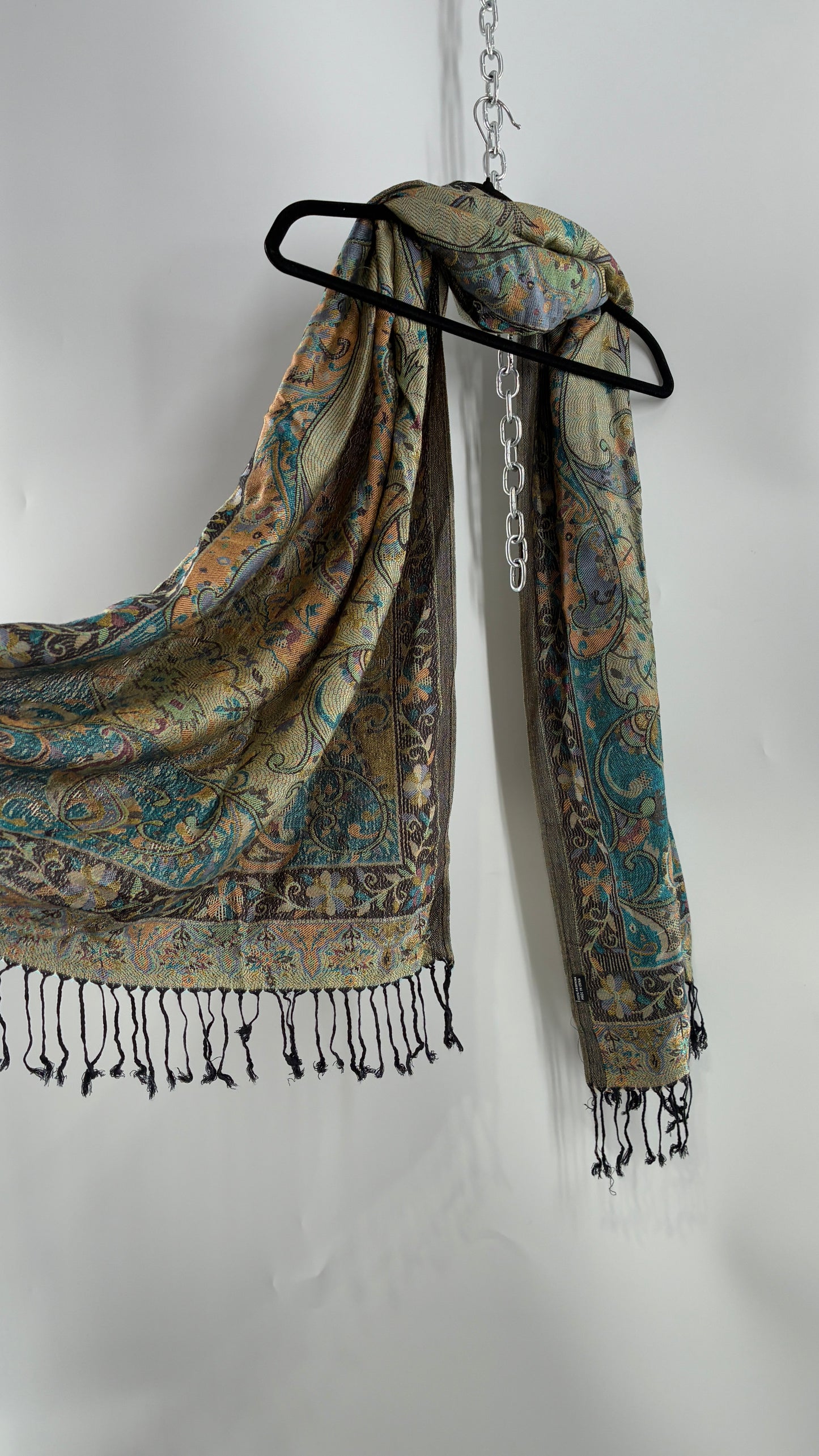 Vintage Pashmina Green Paisley Fringe Scarf
