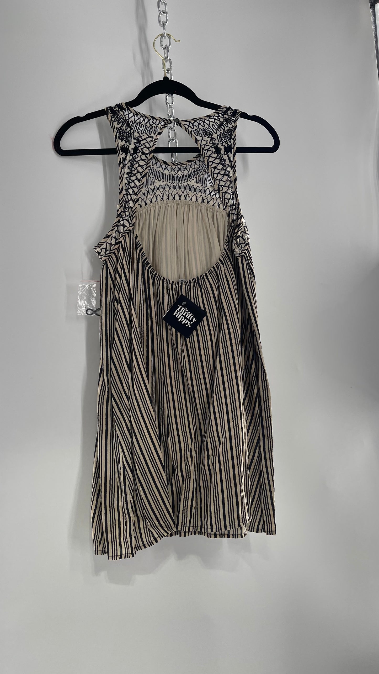 Ecote Tan and Black Striped Mini Dress with Threaded and Stitched Neckline Detail + Bag with Extra Thread (S)