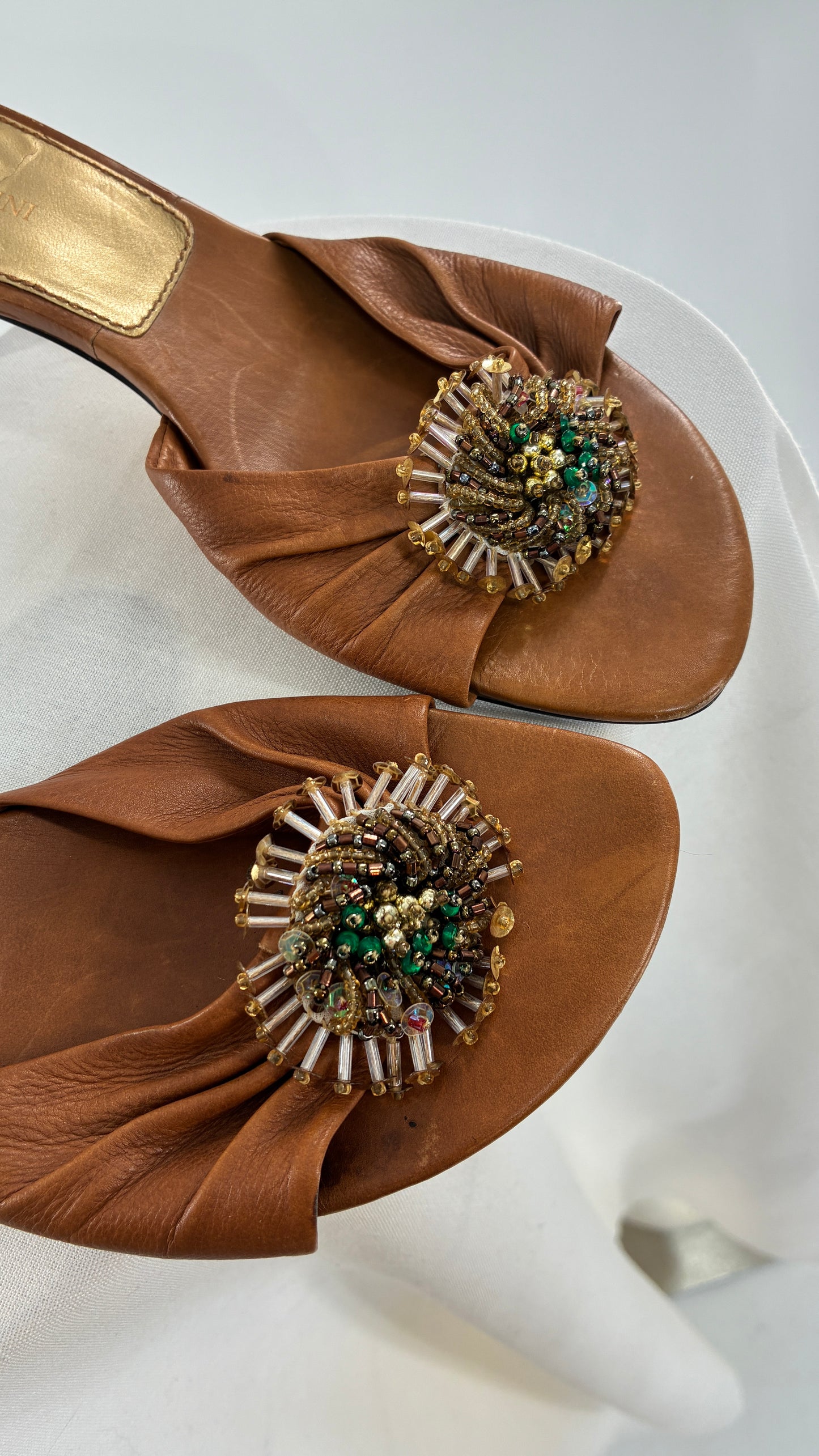 Vintage ENZO ANGIOLINI Brown Leather Kitten Heel Sandal with Beaded Details (7.5)