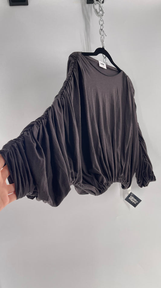 LNA California Made Free People Distopian Dark Grey Drape, Slouchy Ruched Long Sleeve with Tags Attached (Small)