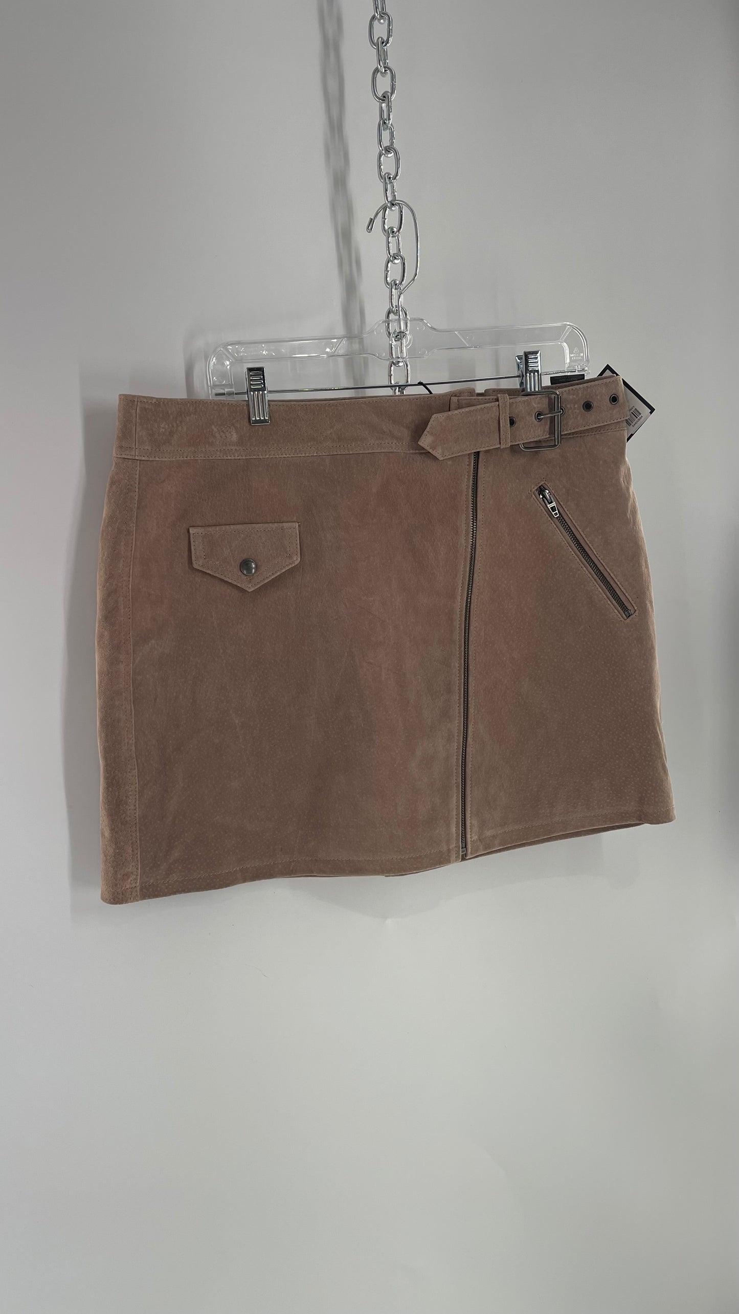 Blank NYC Taupe Tan Suede Leather Mini Skirt with Side Belt, Pocket, and Zipper Details (32)