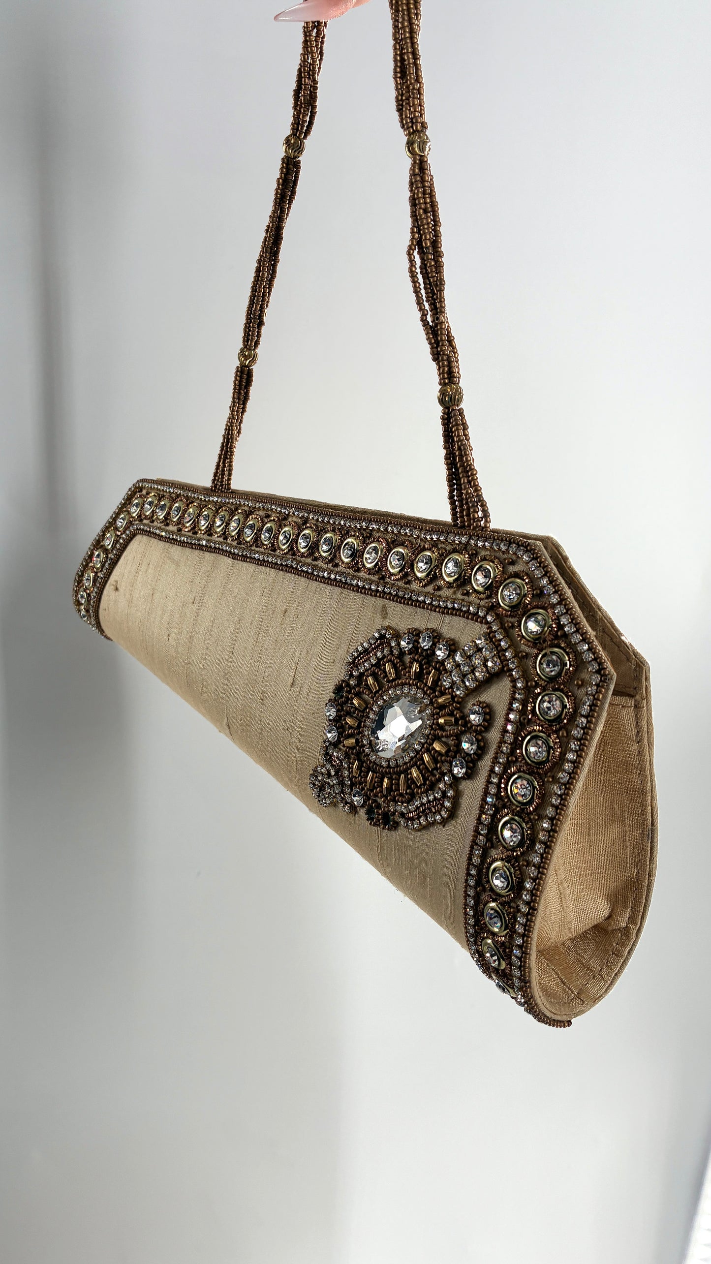 Vintage 1990s Asymmetric Gold Purse with Beading and Rhinestone Detailing
