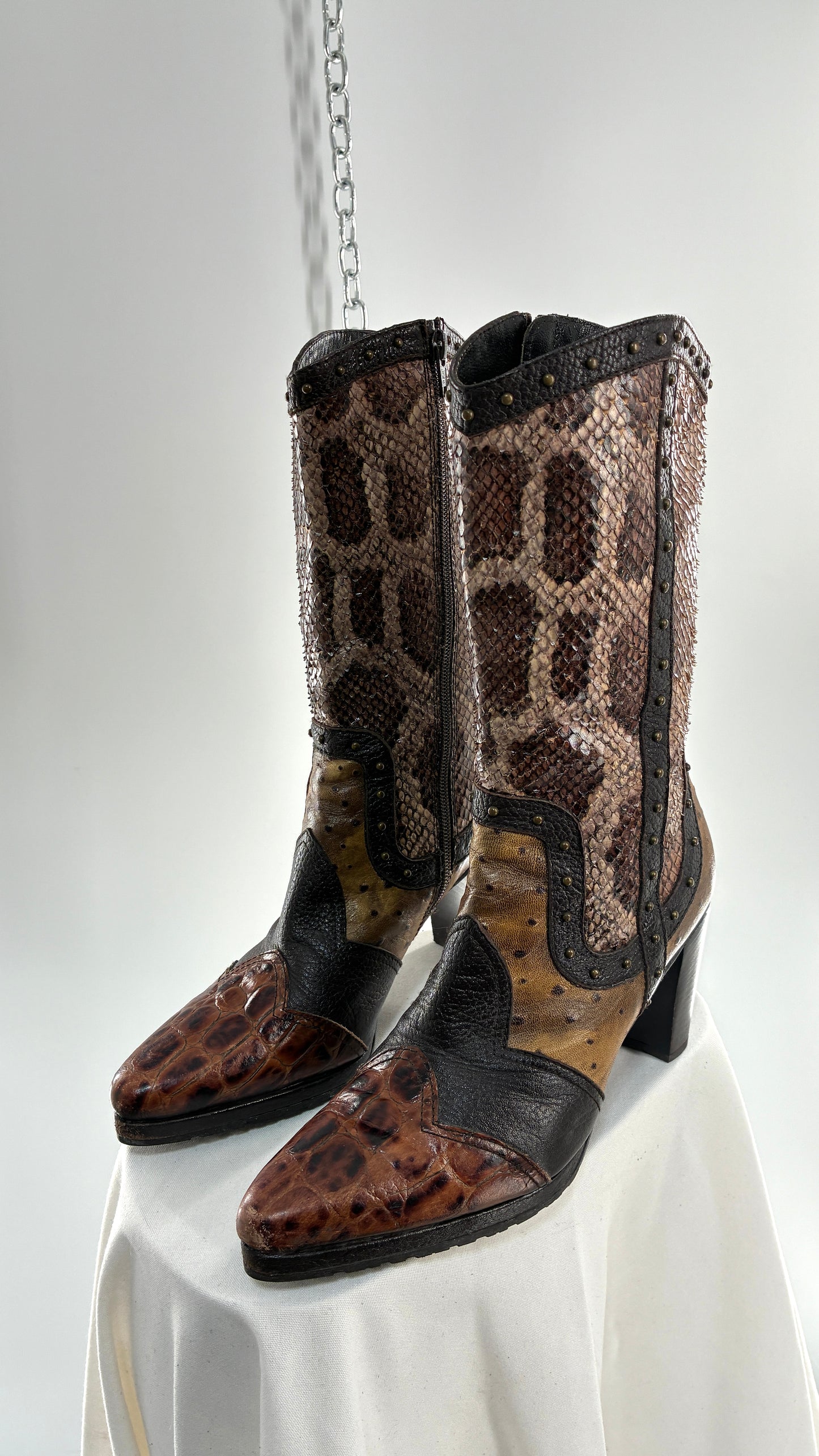Vintage STUART WEITZMAN Stampede Boots Ft Snake, Crocodile and Ostrich Embossed Leather (8.5)