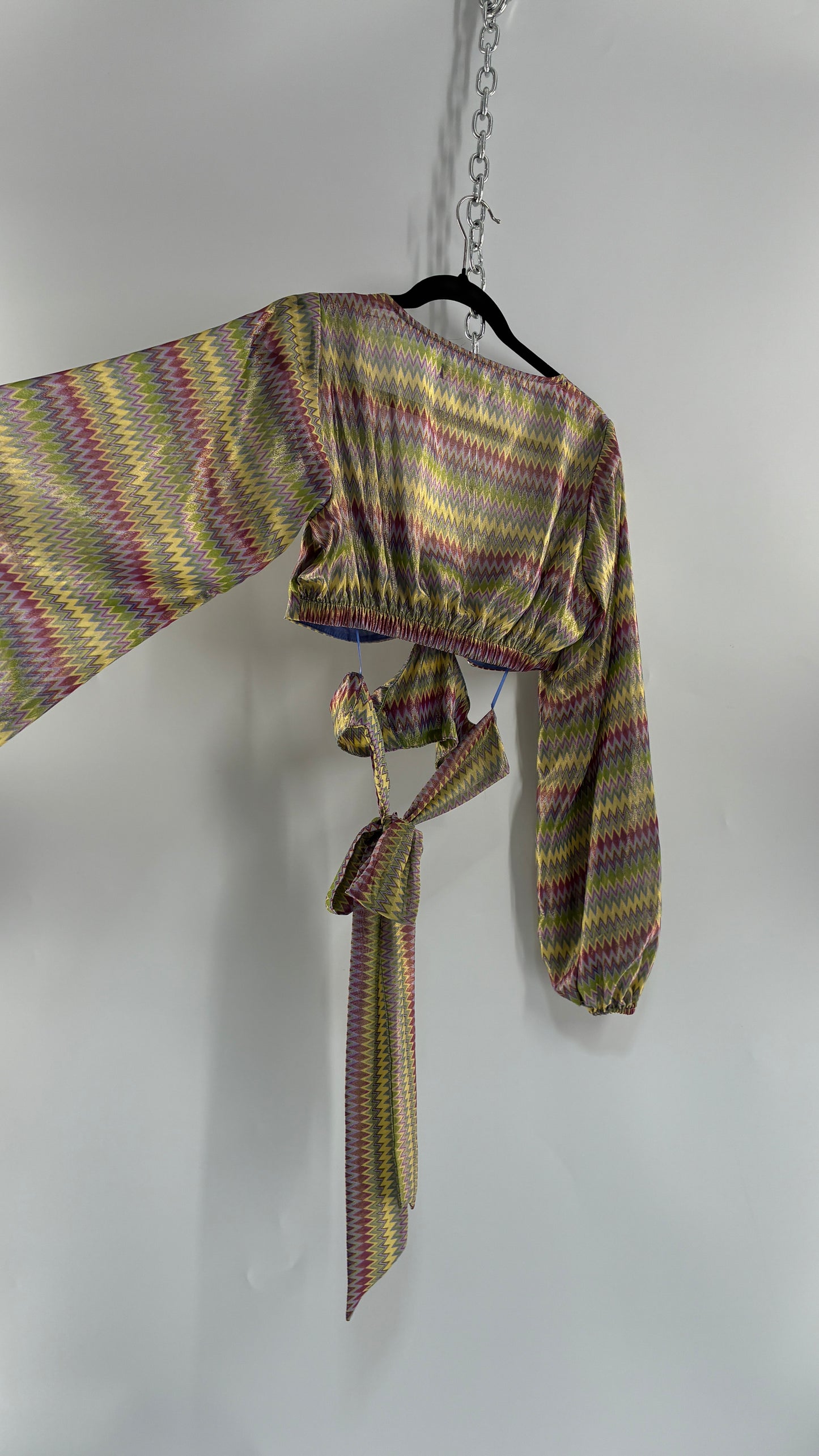 Urban Outfitters Green Open Side Tie Around, Balloon Sleeve Sparkle Top (Small)