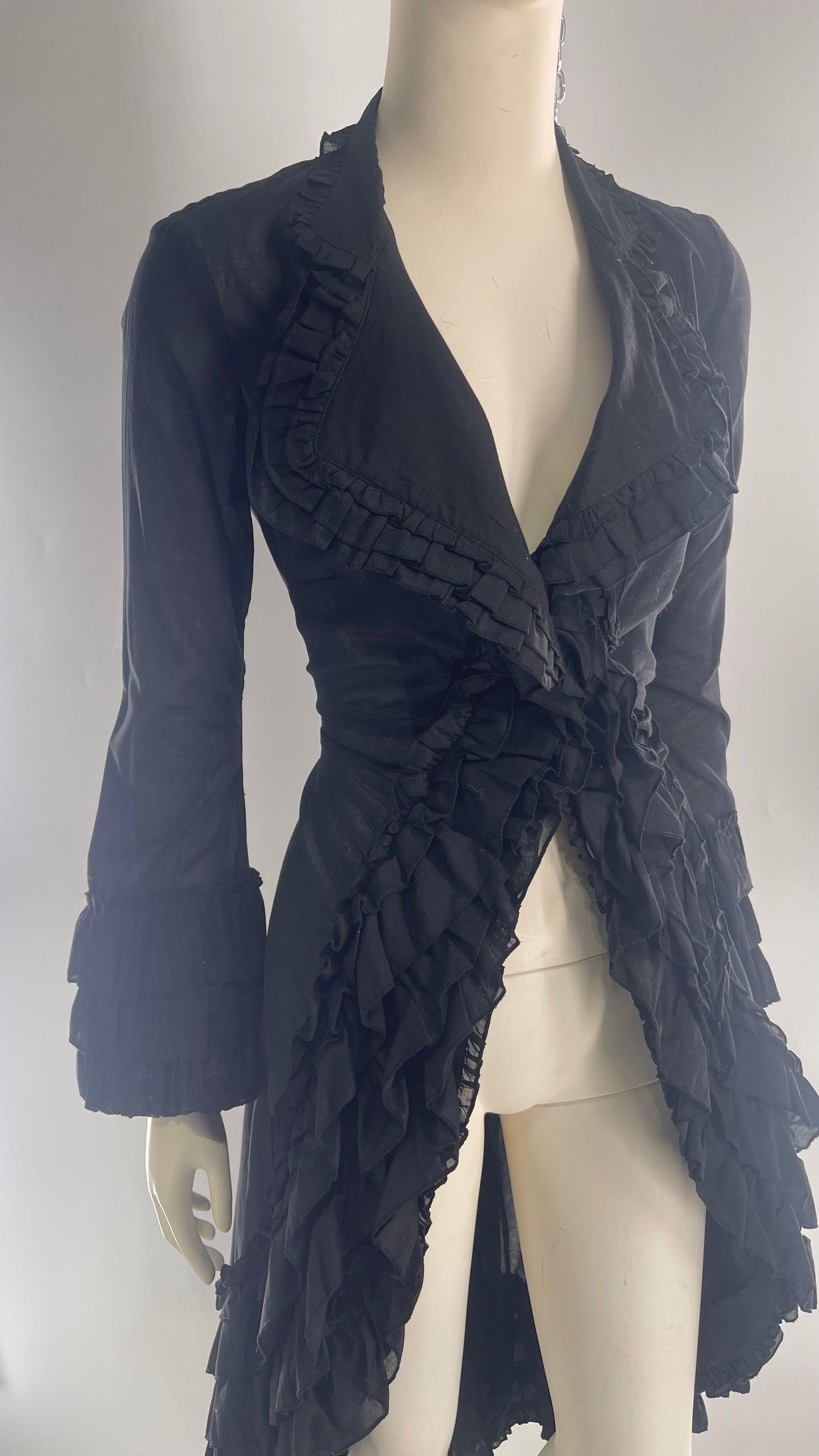 Vintage Cordelia Cotton Black Ruffled Duster Coat with Ruffled Lapel and Cuffs (XS)