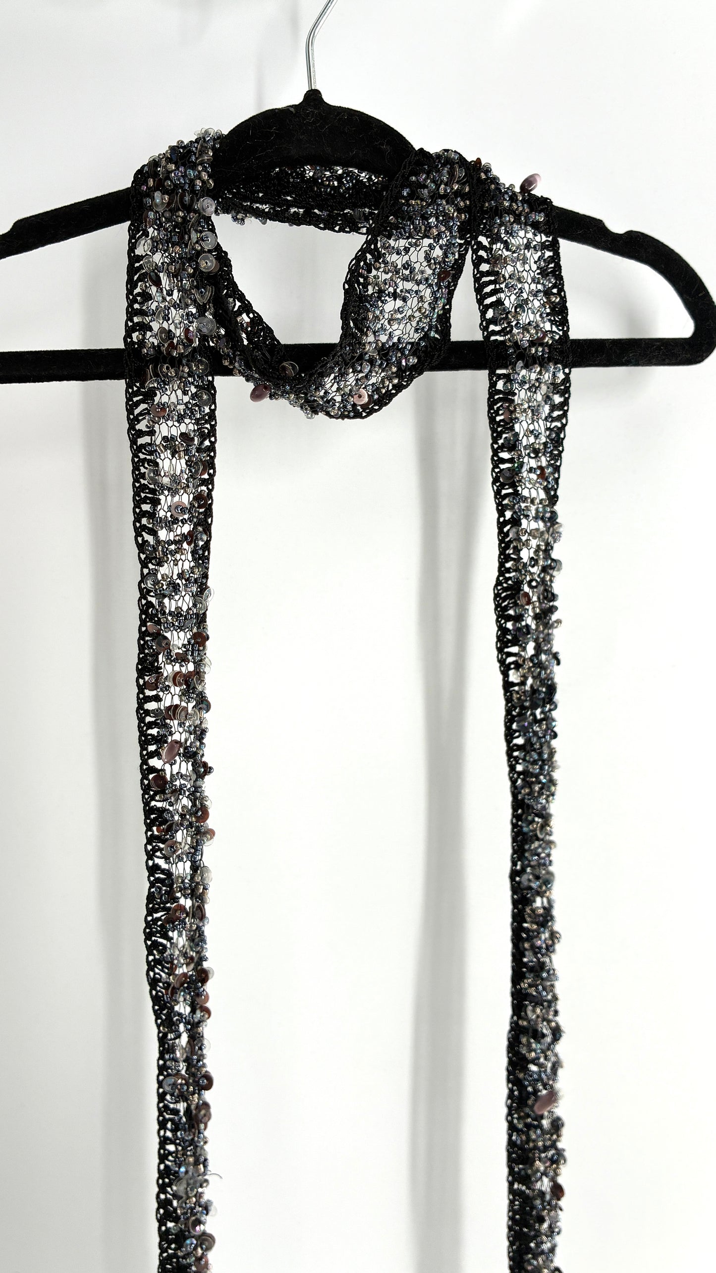 Vintage Black Netted + Crochet Scarf Necklace Covered in Heavy Beading