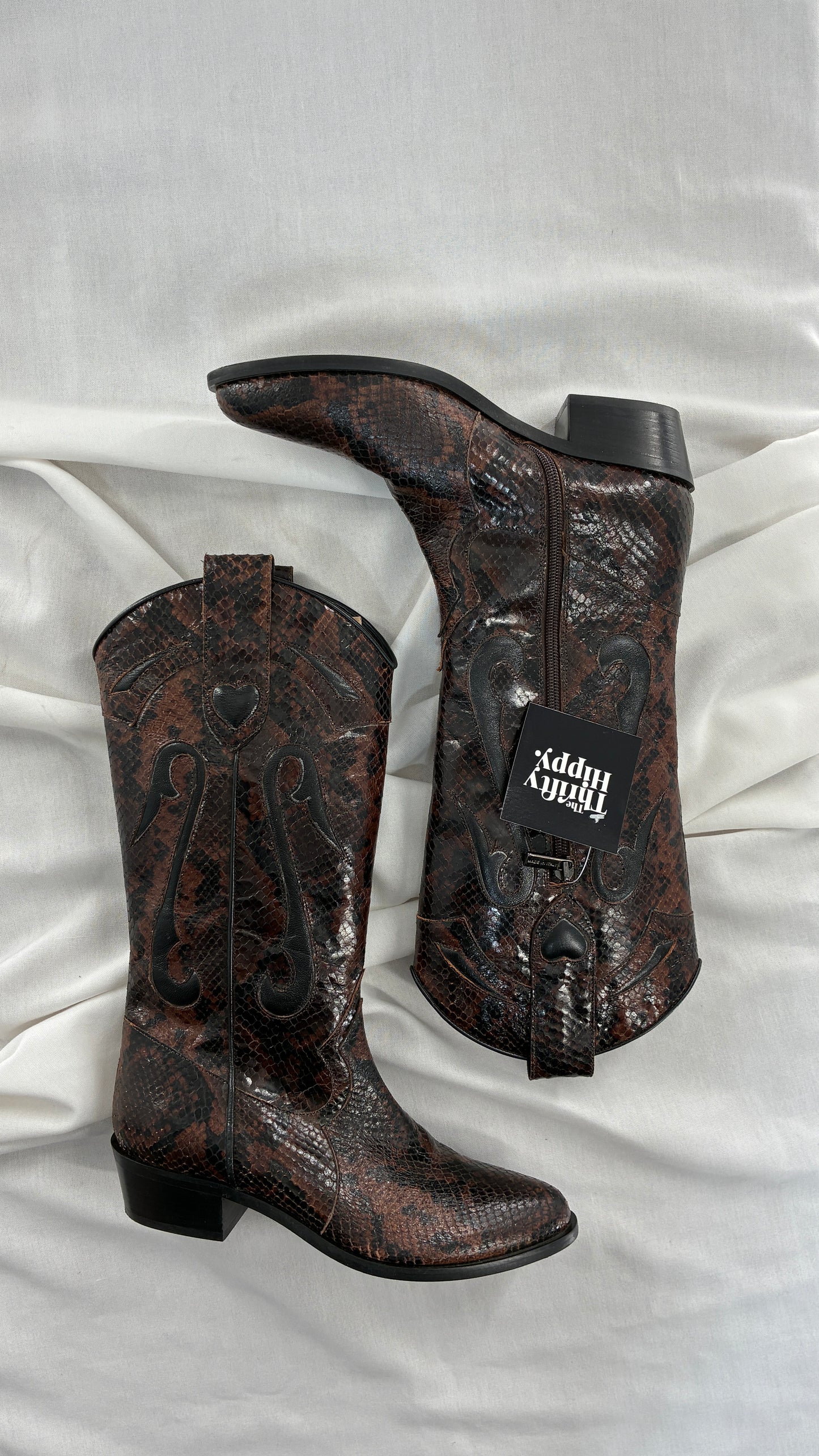 Vintage LABLANC Snakeskin Cowboy Boots with Hearts Made in Italy (36)
