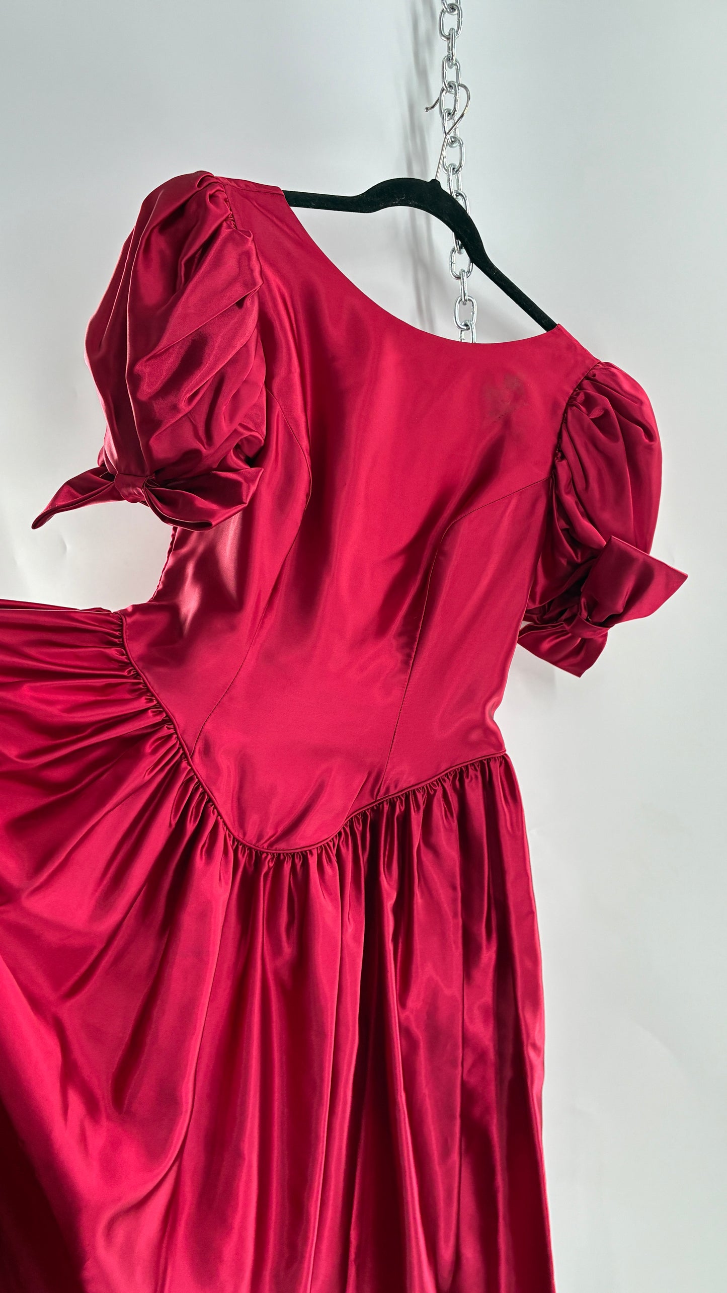 Vintage Red Silky Satin Corset Style Dress with Sweetheart Neckline, Puff Sleeves, Oversized Bow Bum, Open Back and Draping Pearls  (10P)