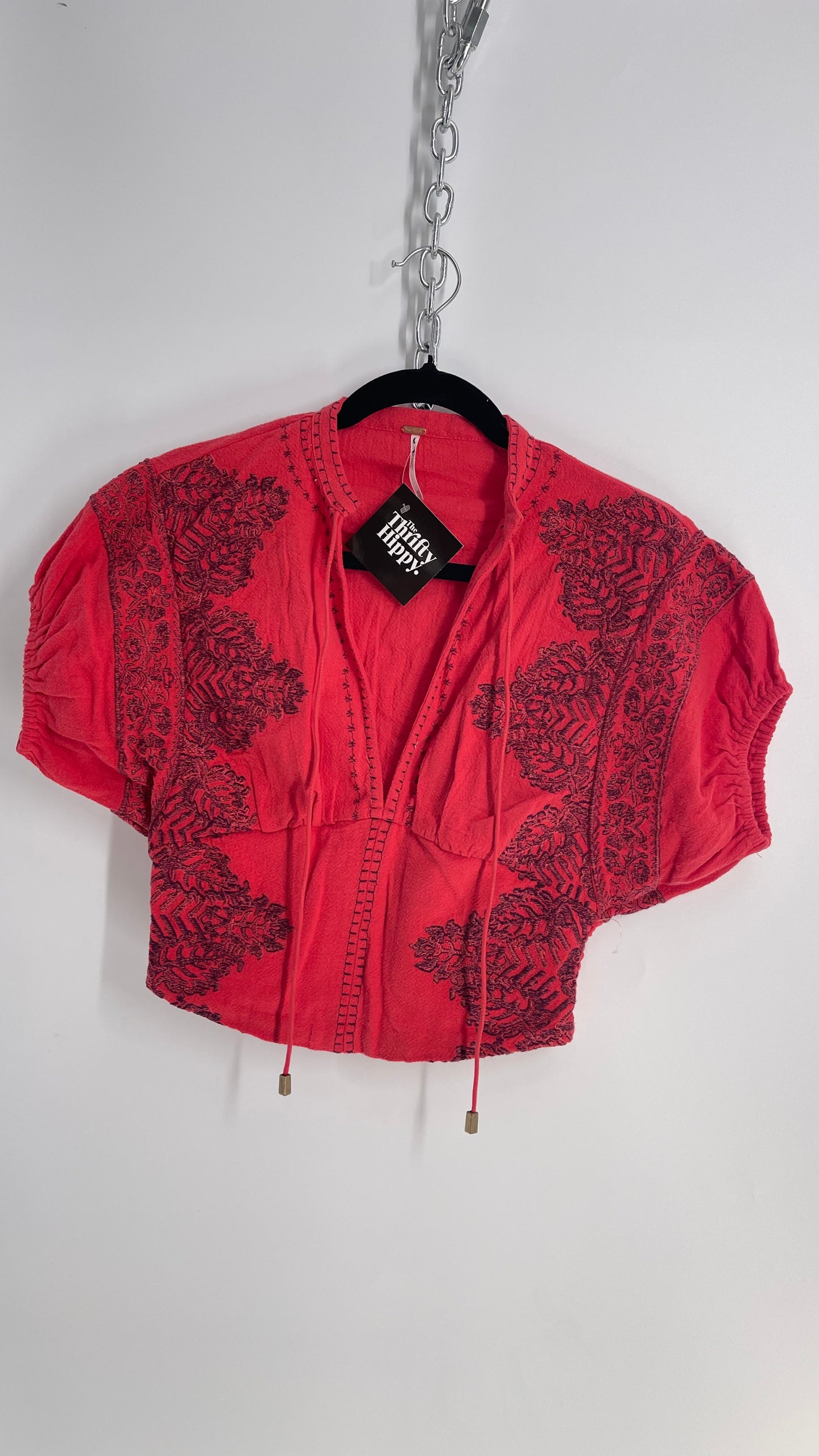 Free People Coral Red Puff Sleeve Top with Heavy Embroidery (XS)