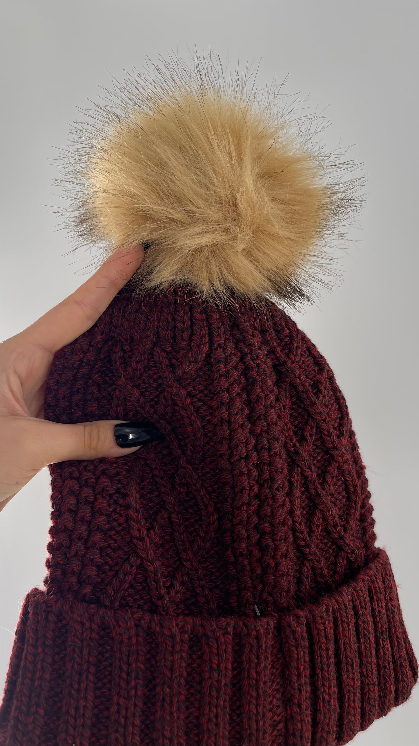 Urban Outfitters Burgundy Knit Beanie with Tan Faux Fur Pom