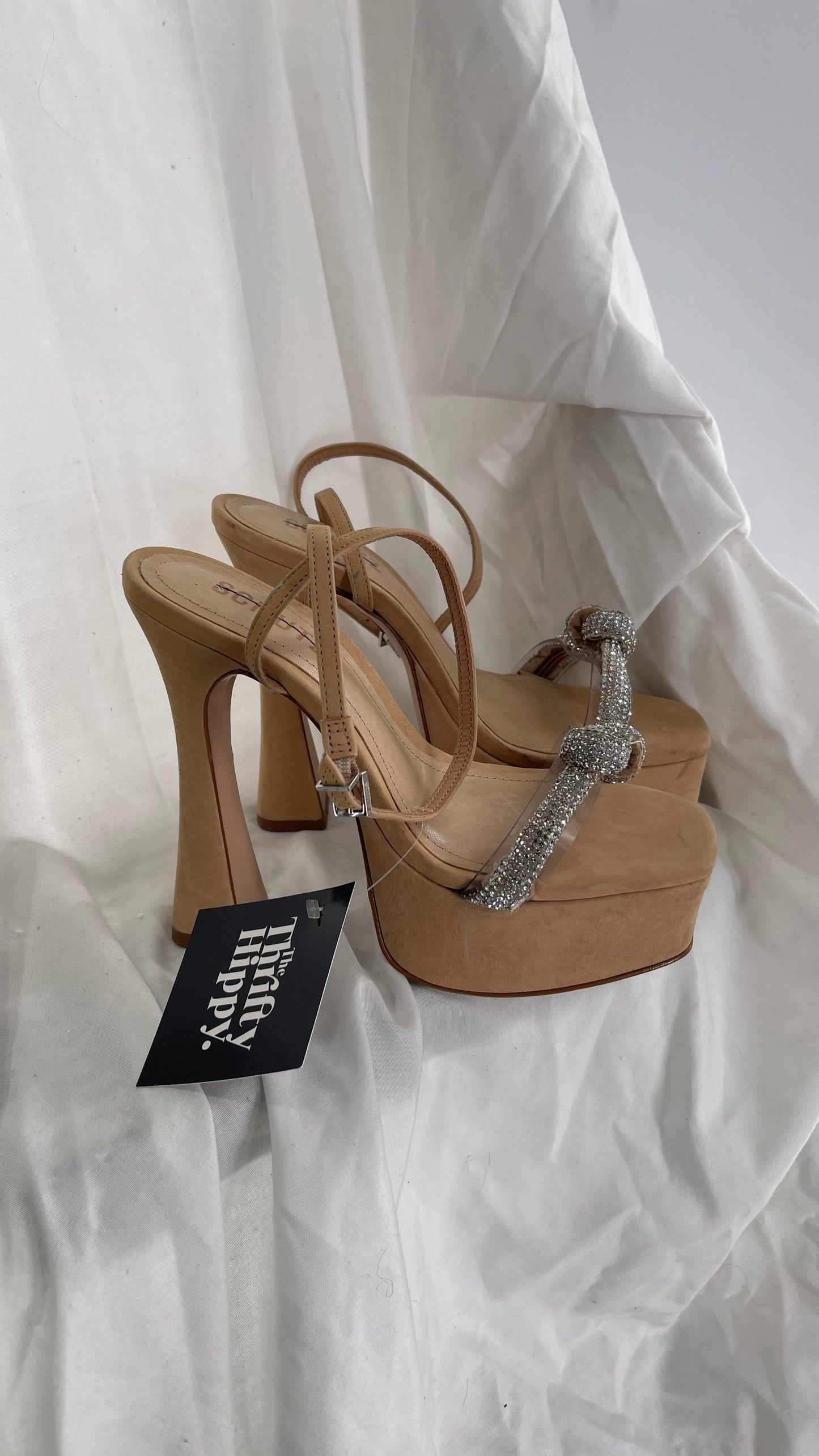 SCHÜTZ Peaky Beige/Tan/Nude Platform Heel with Funky Heel and Clear Knot Rhinestone Toe Strap (6)