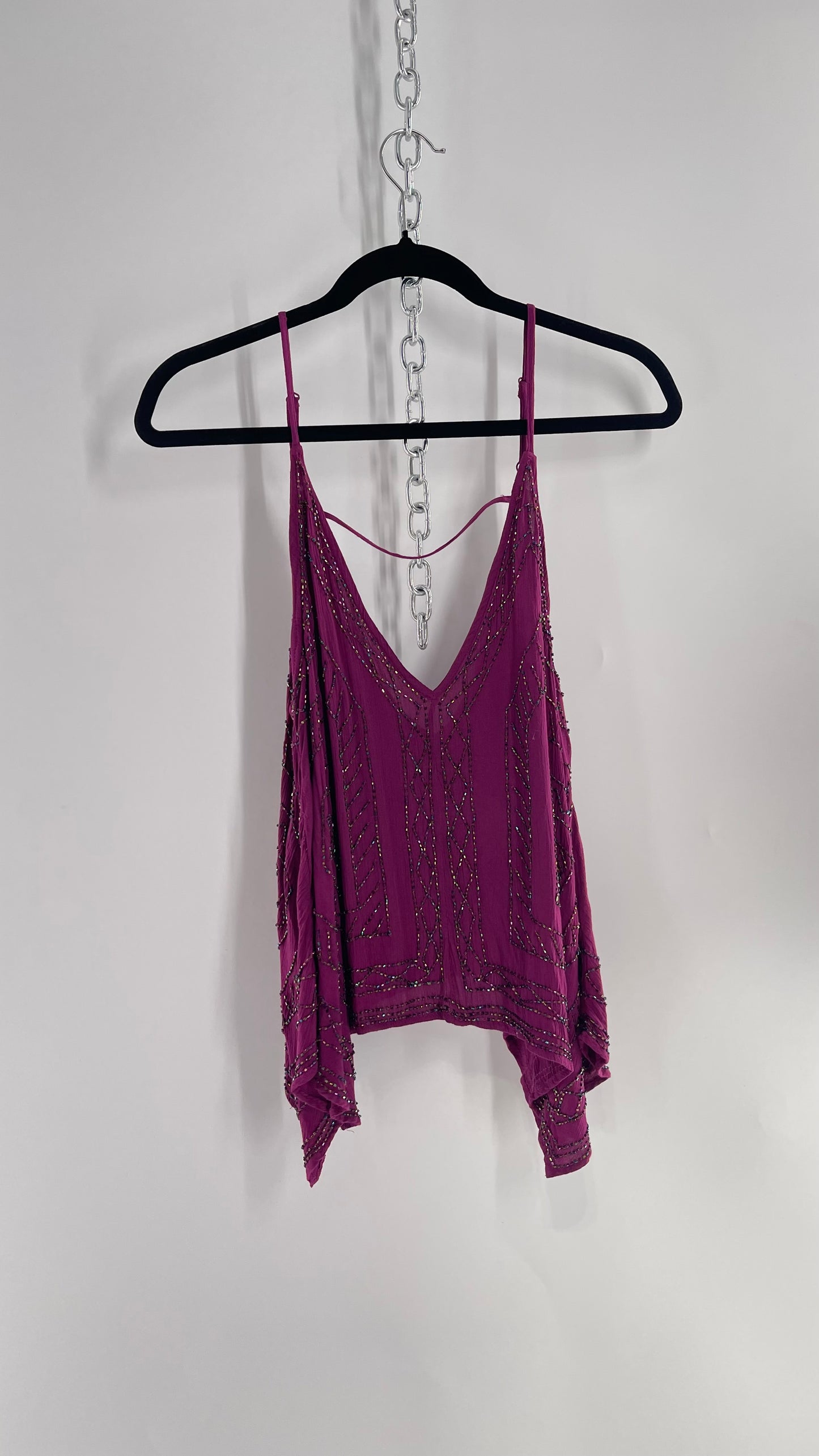 Free People Purple Beaded Handkerchief Hem Tank (Small)