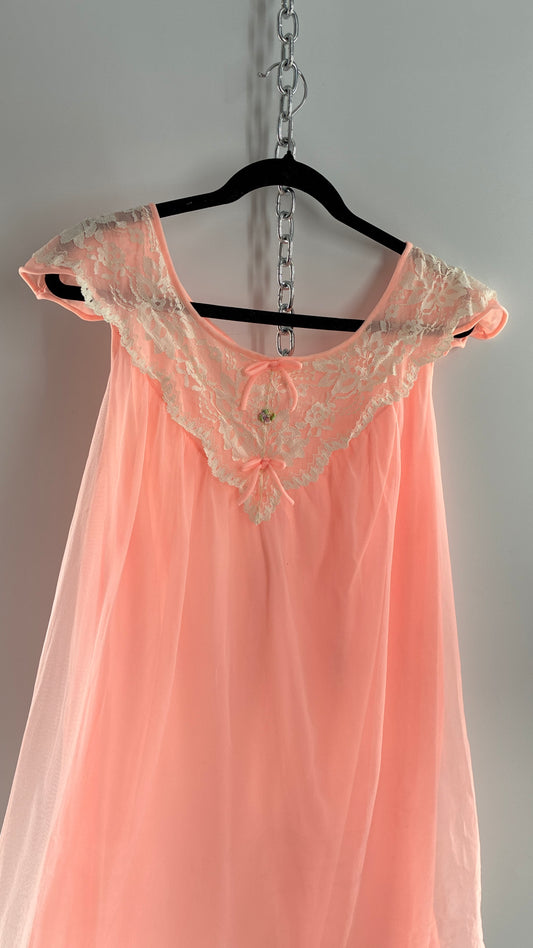 Vintage Neon Pink Babydoll Mini with Lace Sailor Style Neckline with Bows and Embroidery (48)