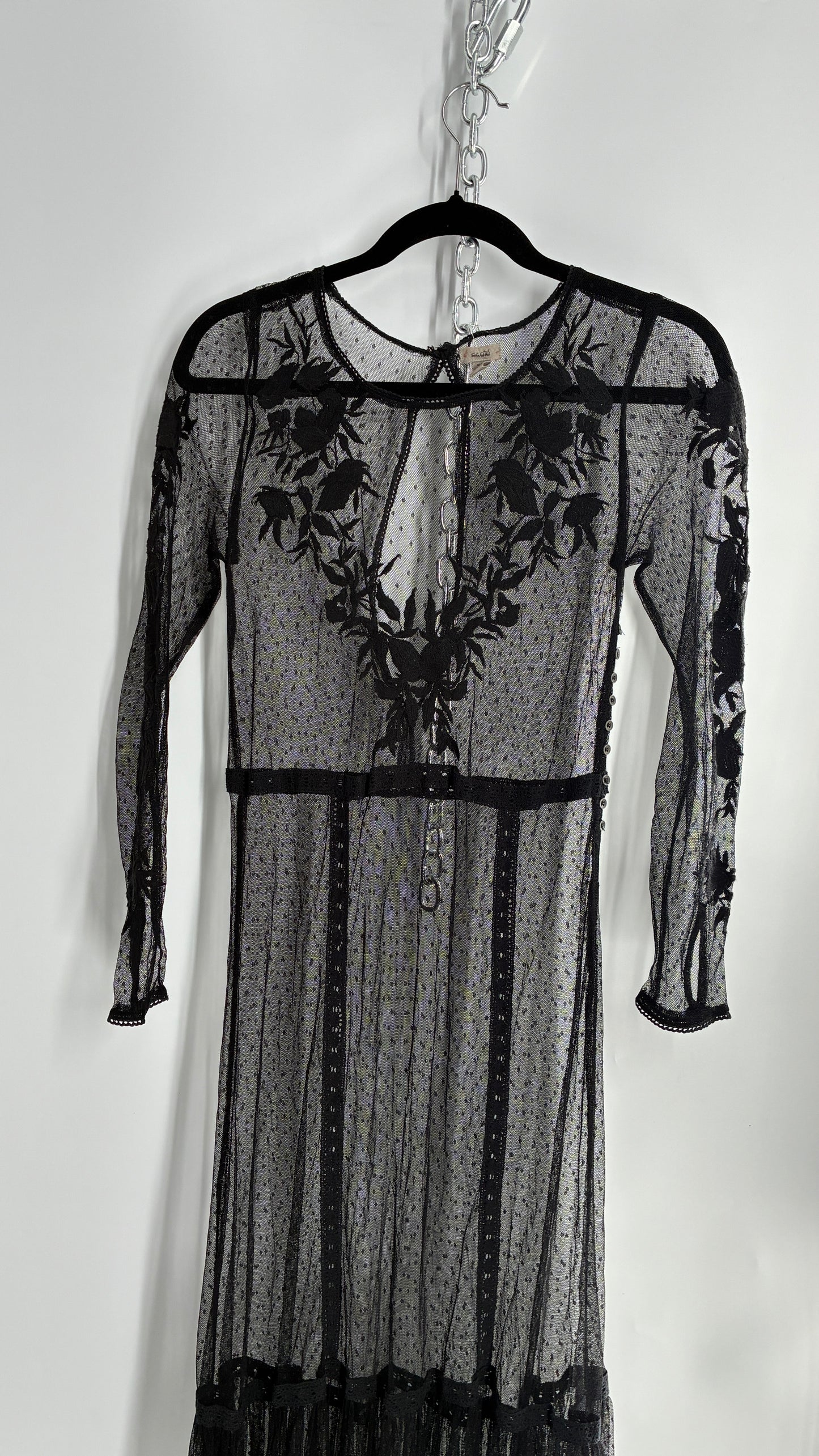 ECOTE Sheer Mesh Full Length Dress with Lace Appliqué Sleeves and Bust (Medium)