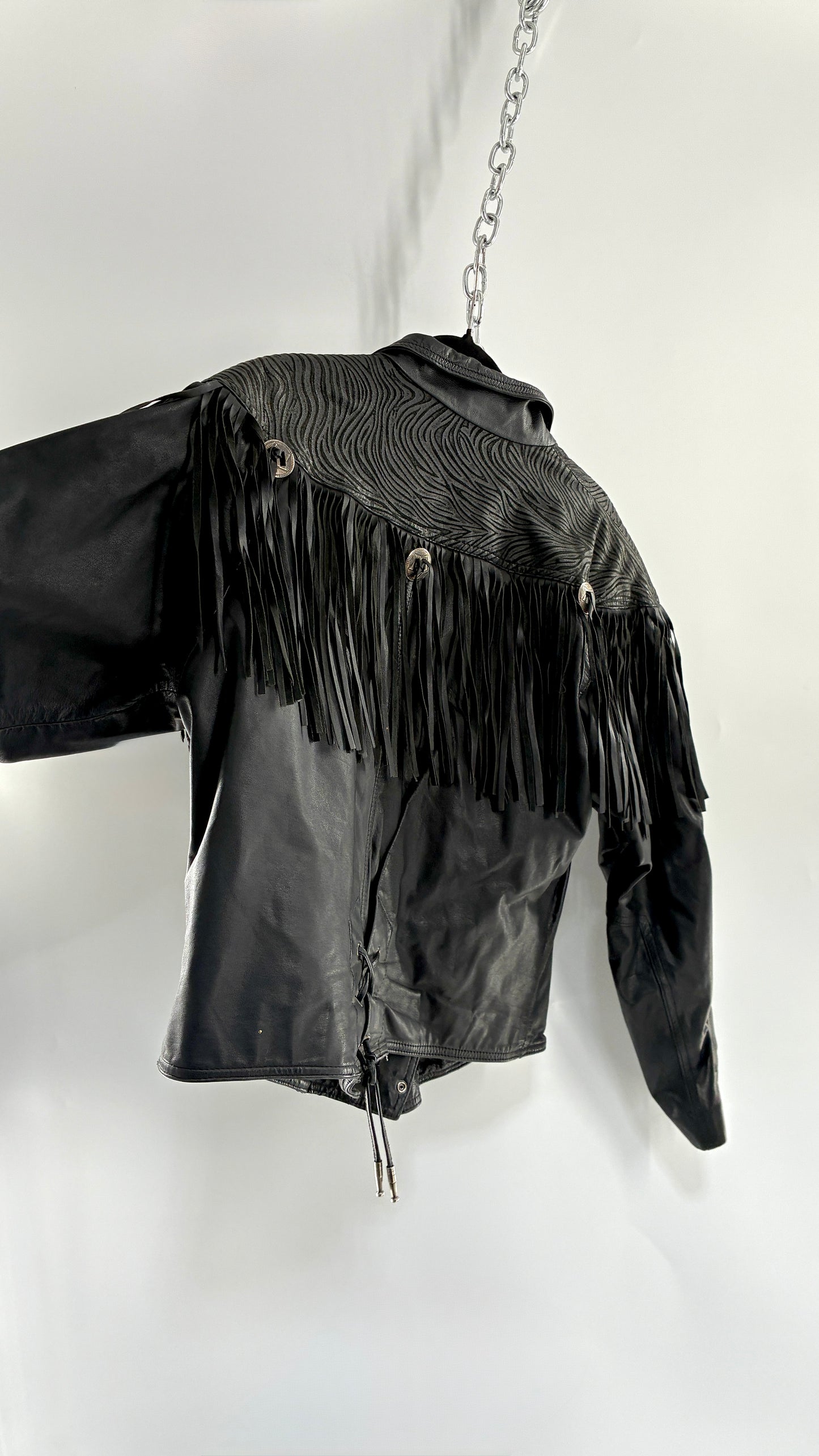 Vintage BERMAN’S Black Genuine Leather Fringe Motorcycle Jacket with Tie Up Cuffs (Large)
