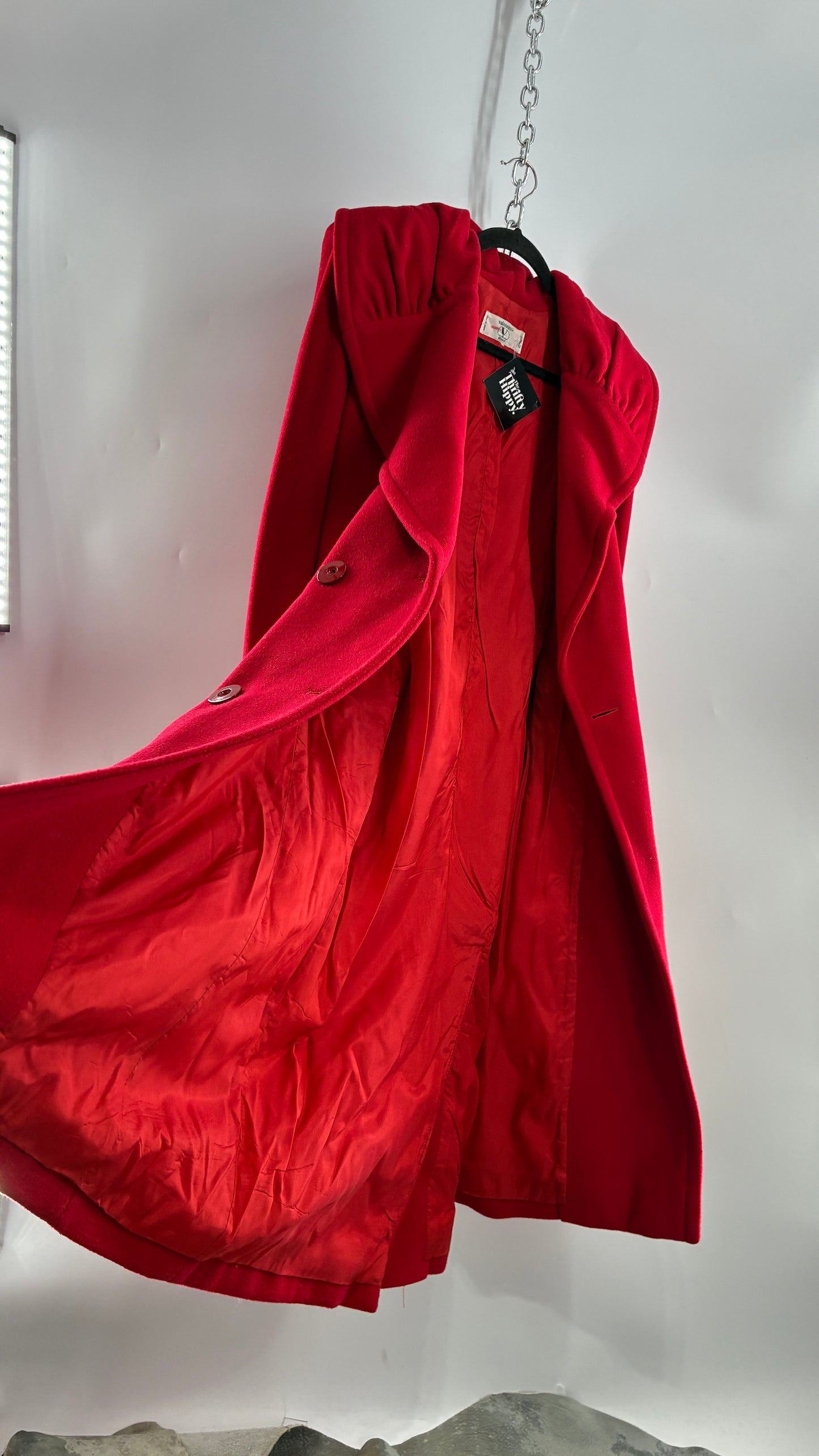Vintage VALENTINO Miss V Red Sweeping, Tie Back and Pleated/Draped Collar Coat