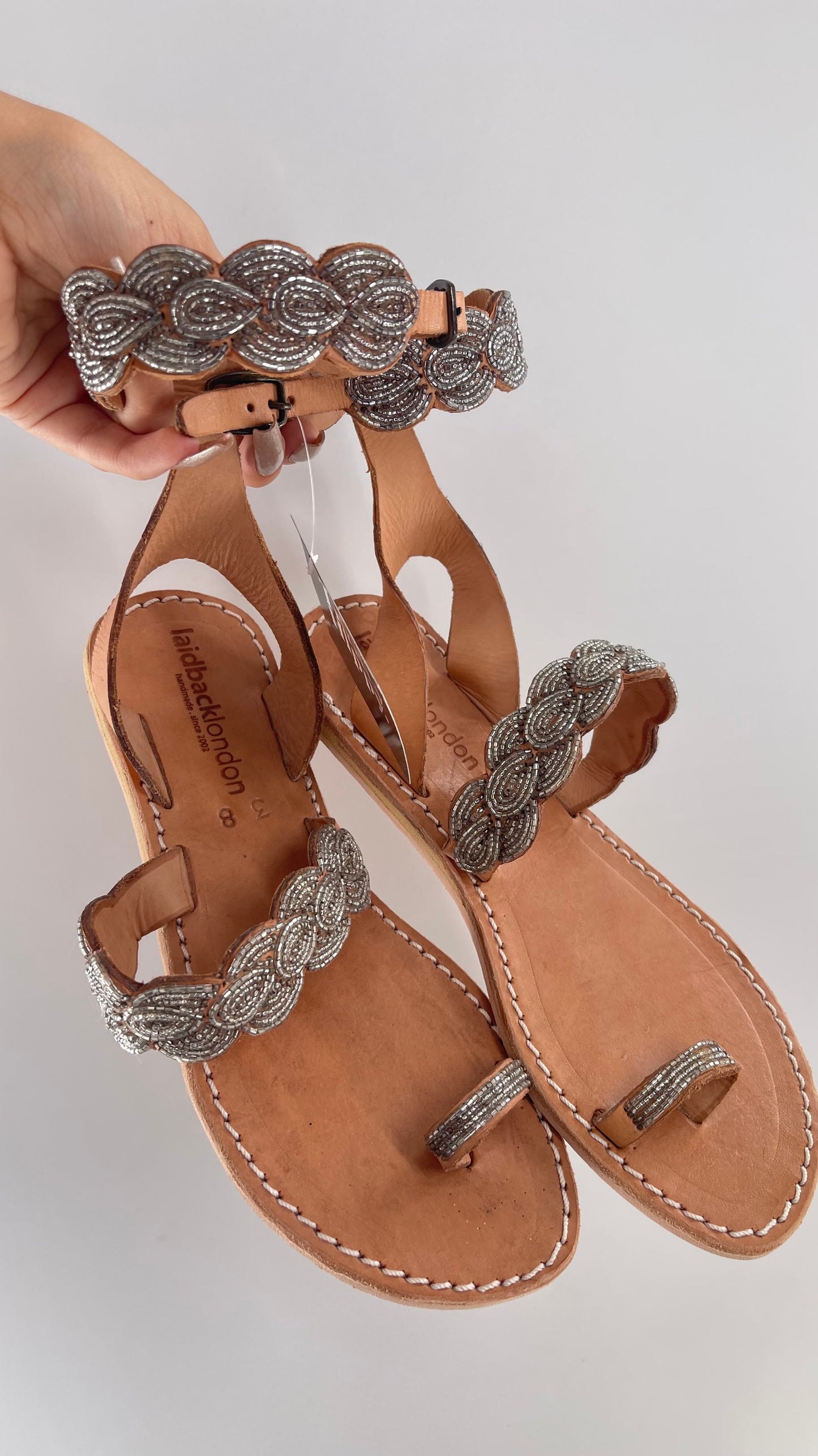 Free People Laidback London Handmade Sandals with Tan Leather Straps Covered in Silver Beaded Details (38)