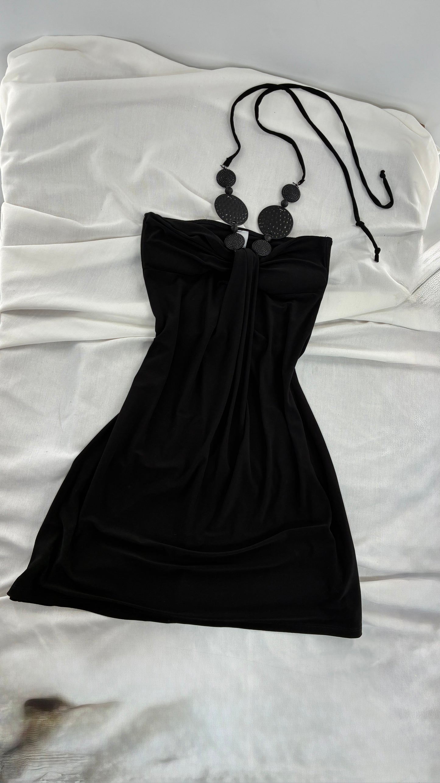 Vintage C.GRAFFITTI Black Mini Dress with Beaded Halter Detail (Small)