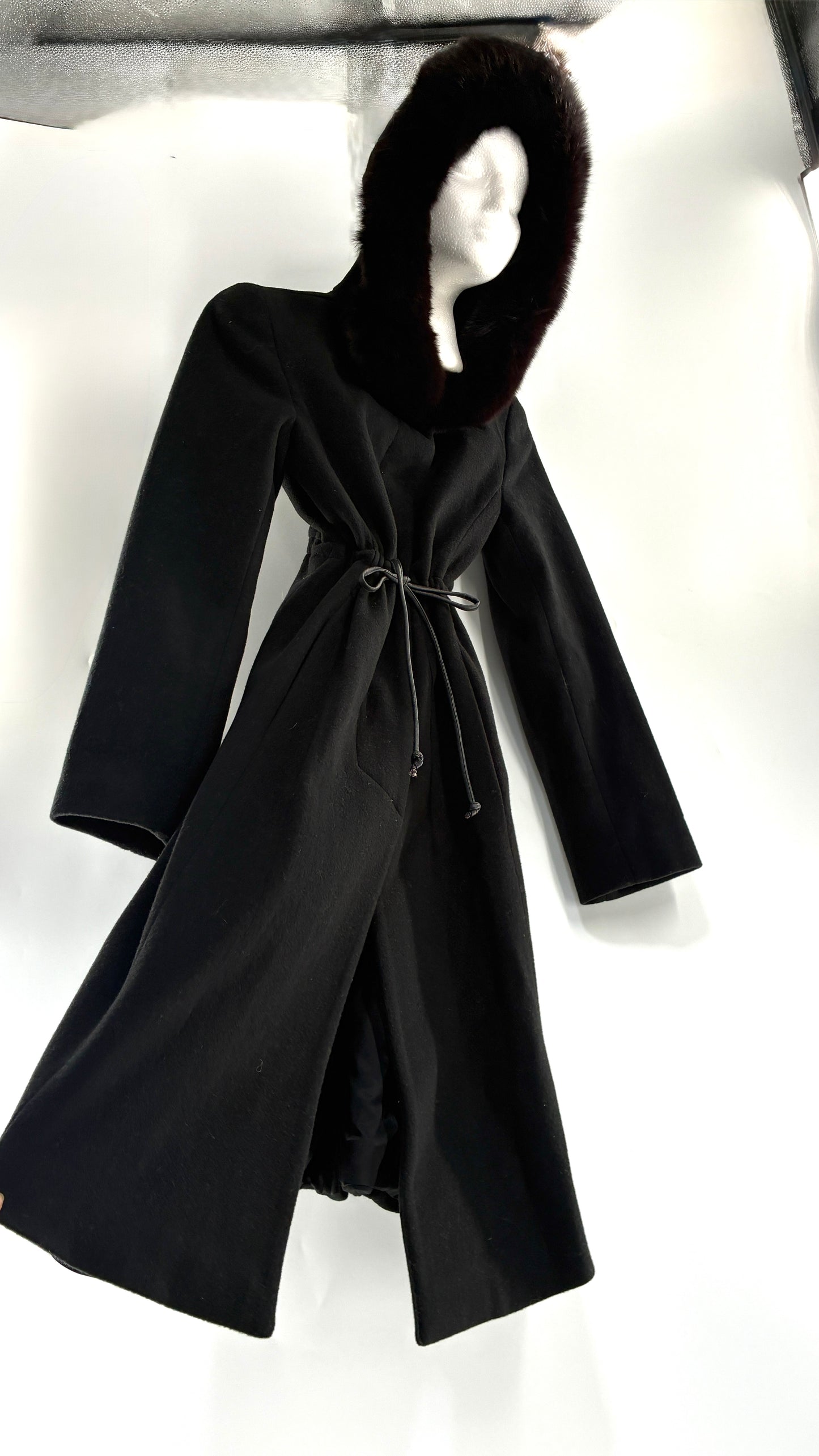 Vintage STEVE by SEARLE Cashmere Blend Coat with Underbust Tie and Fur Hood